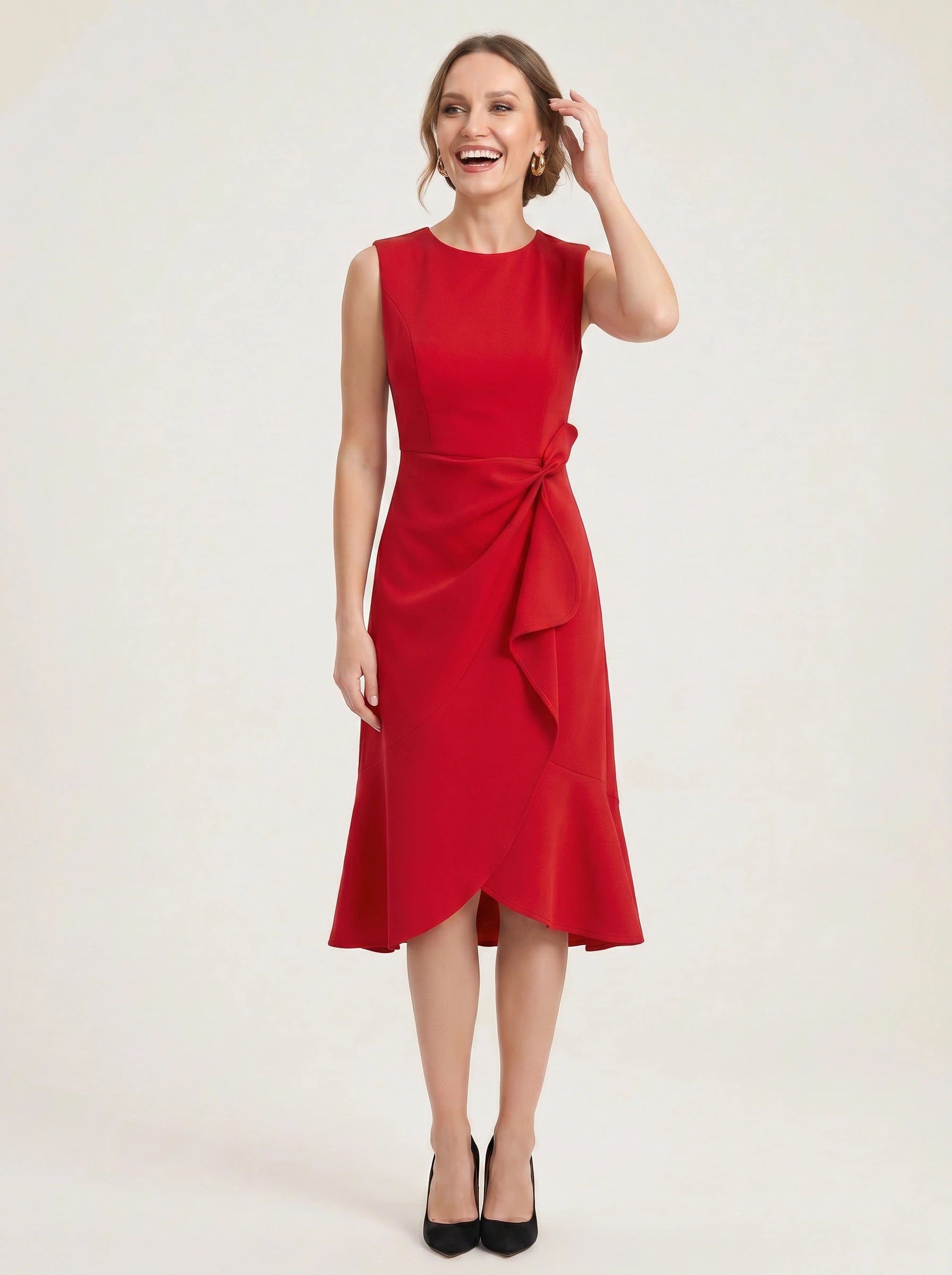 Crimsonwave Tie-Waist Midi Dress – Red Dress Women Formal Cocktail Wedding Guest Summer Elegant Midi Dress