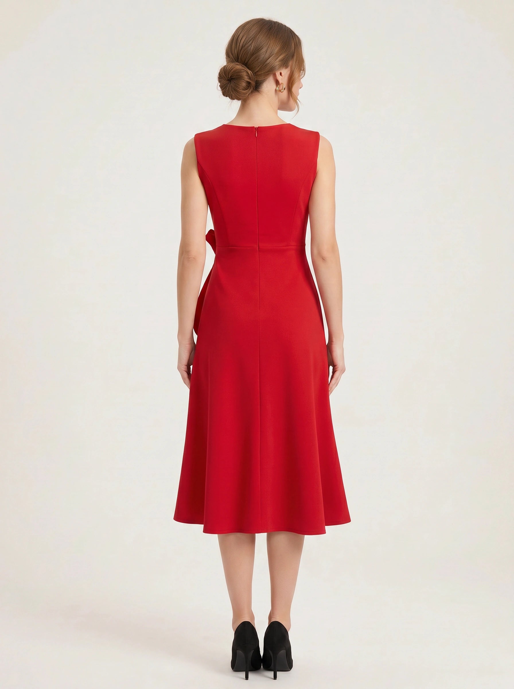 Crimsonwave Tie-Waist Midi Dress – Red Dress Women Formal Cocktail Wedding Guest Summer Elegant Midi Dress