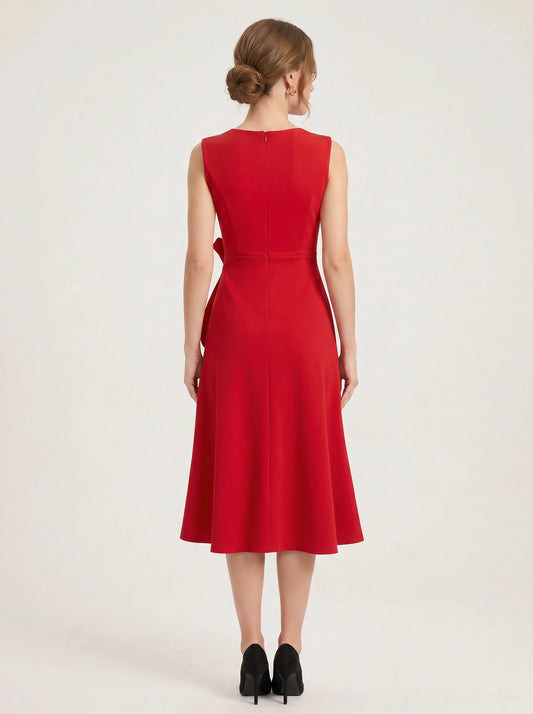 Crimsonwave Tie-Waist Midi Dress – Red Dress Women Formal Cocktail Wedding Guest Summer Elegant Midi Dress