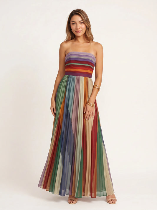 Richroma Strapless Pleated Maxi Dress – Multicolor Striped Wedding Guest Summer Women Formal Maxi Dress