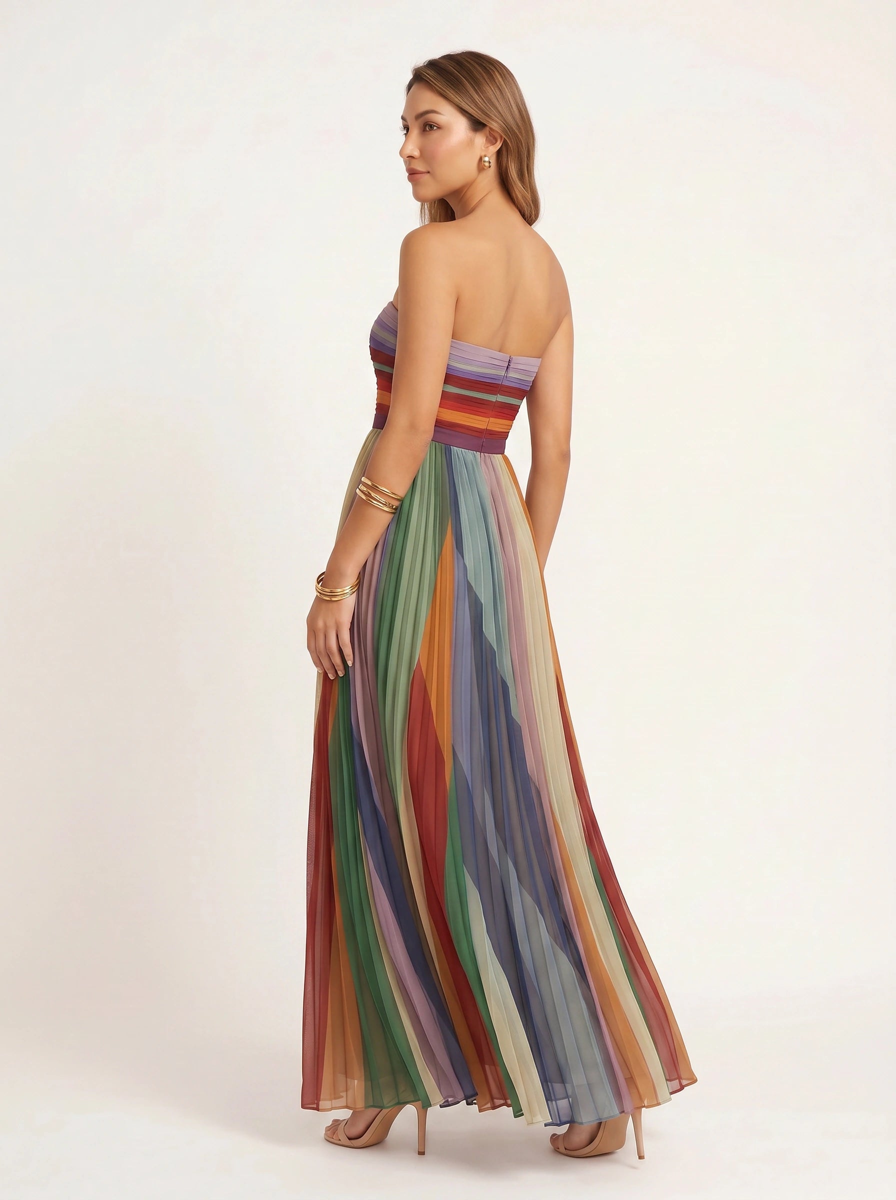 Richroma Strapless Pleated Maxi Dress – Multicolor Striped Wedding Guest Summer Women Formal Maxi Dress