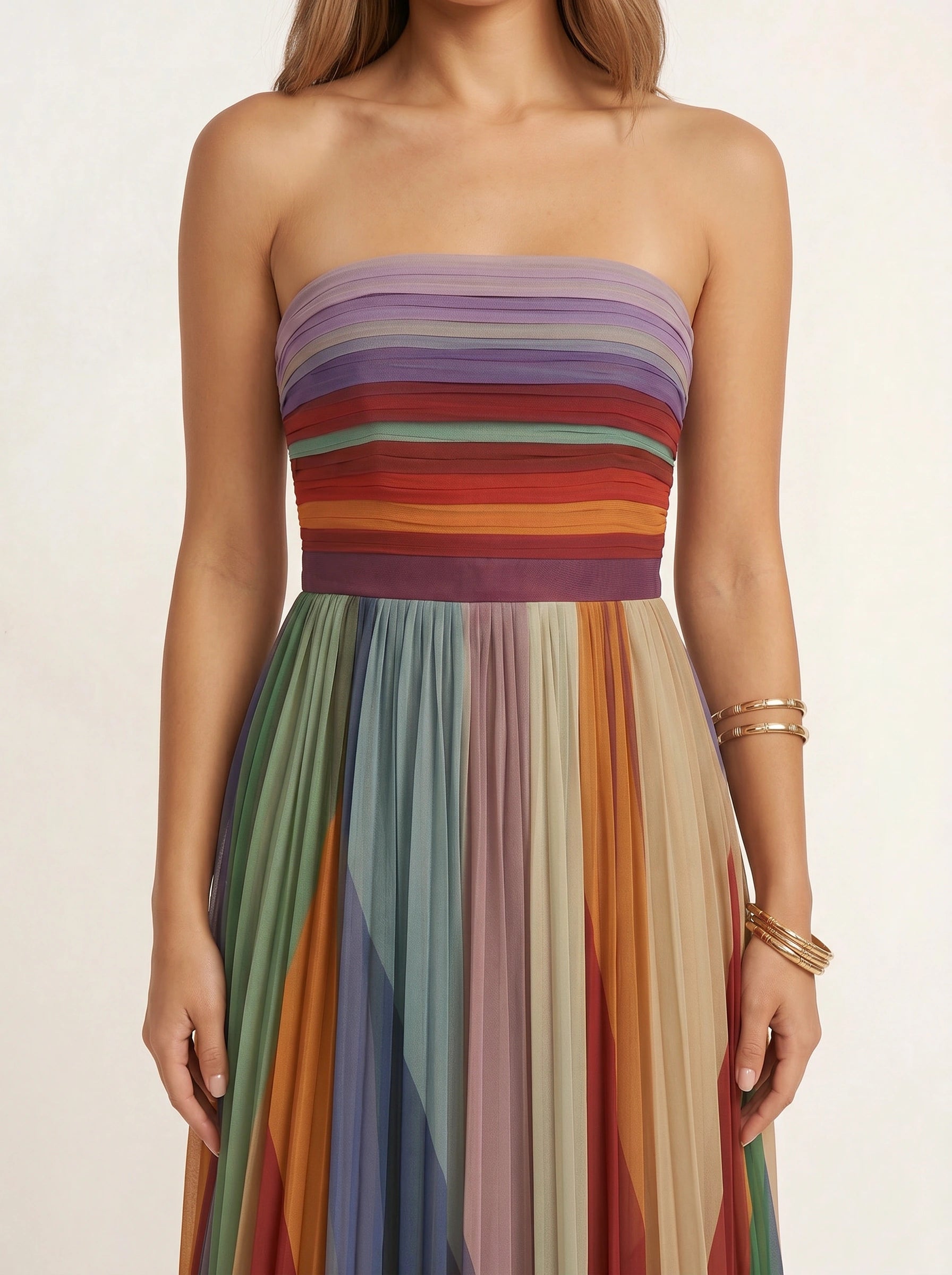 Richroma Strapless Pleated Maxi Dress – Multicolor Striped Wedding Guest Summer Women Formal Maxi Dress