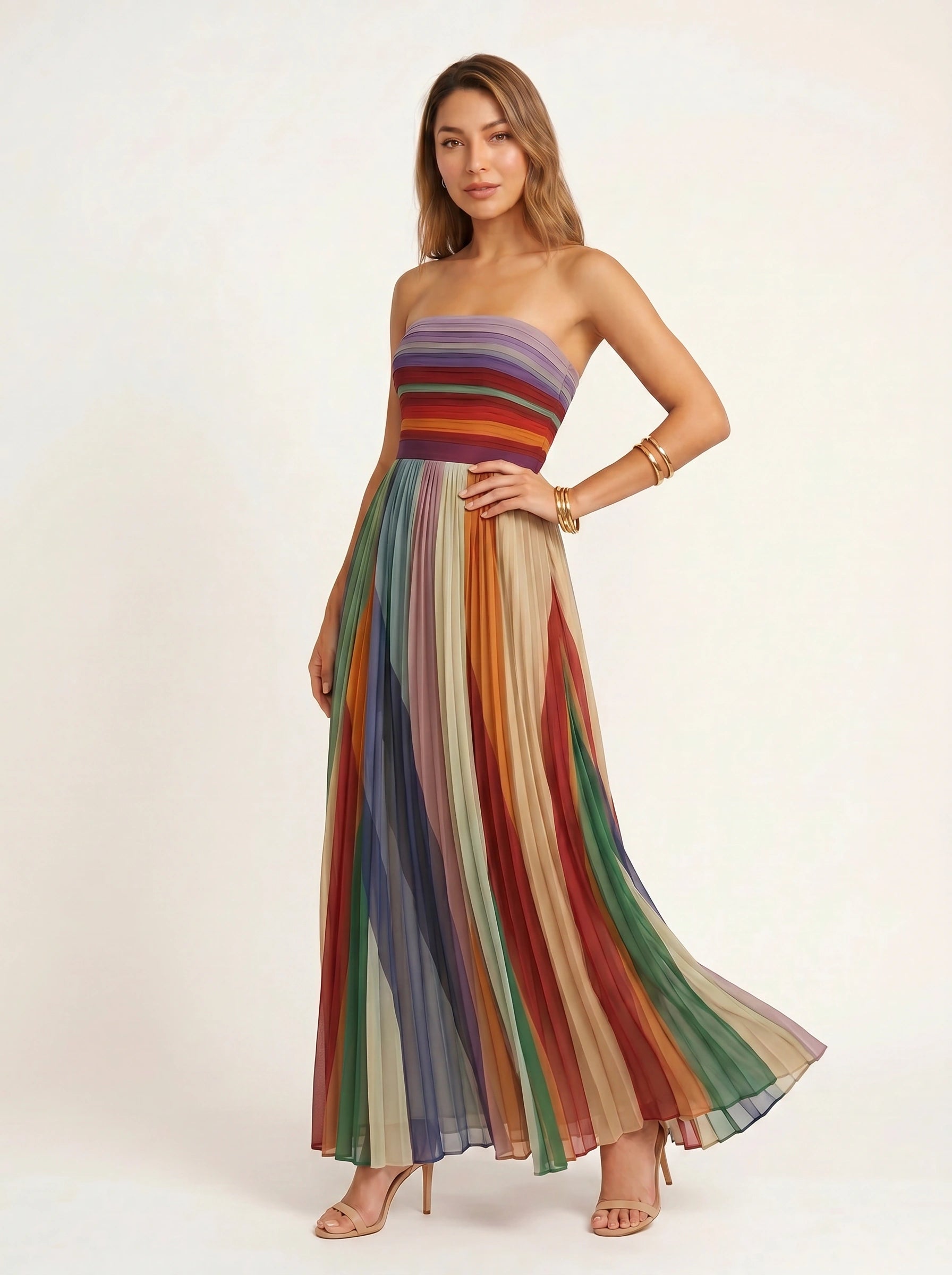 Richroma Strapless Pleated Maxi Dress – Multicolor Striped Wedding Guest Summer Women Formal Maxi Dress