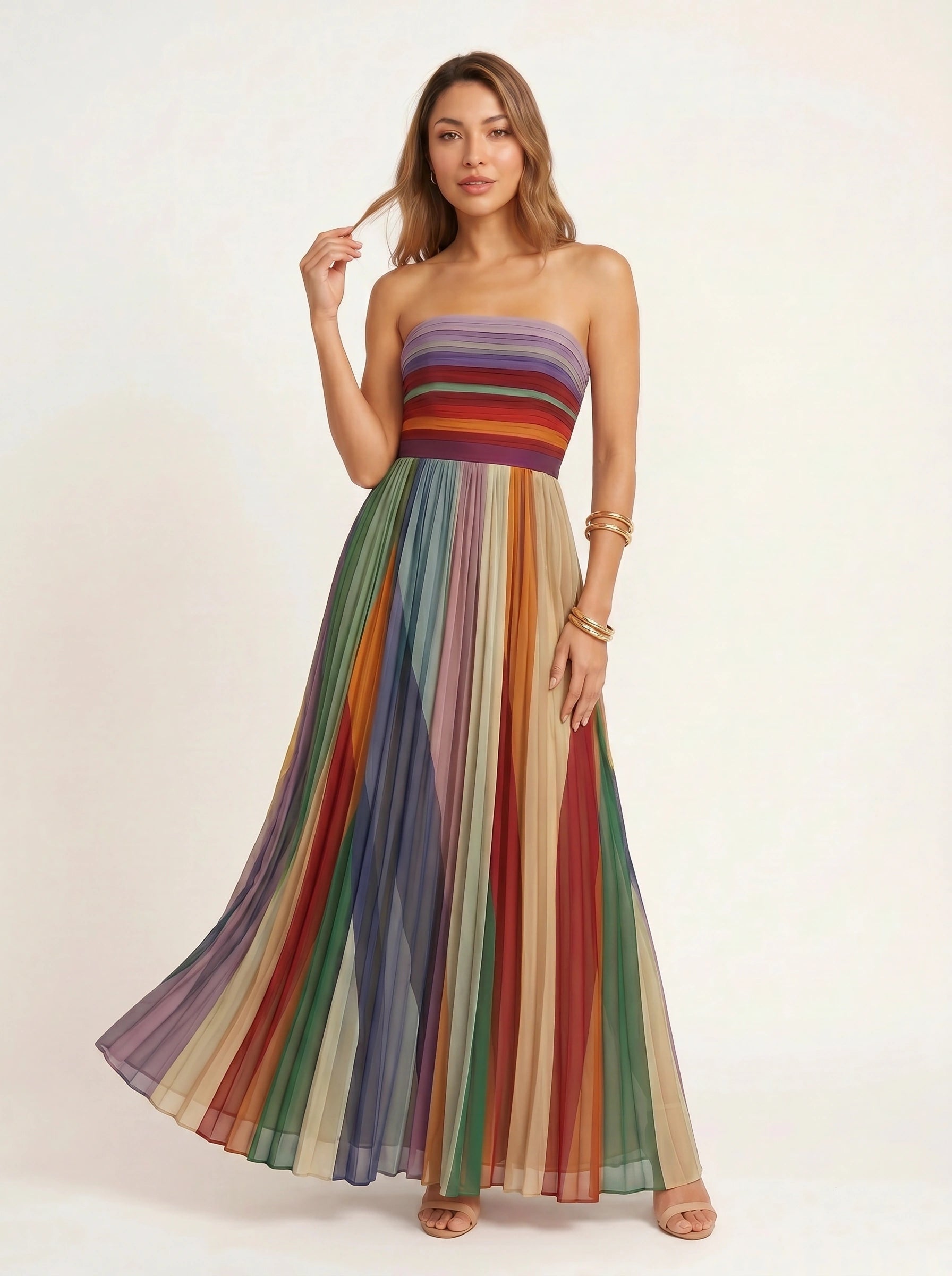 Richroma Strapless Pleated Maxi Dress – Multicolor Striped Wedding Guest Summer Women Formal Maxi Dress
