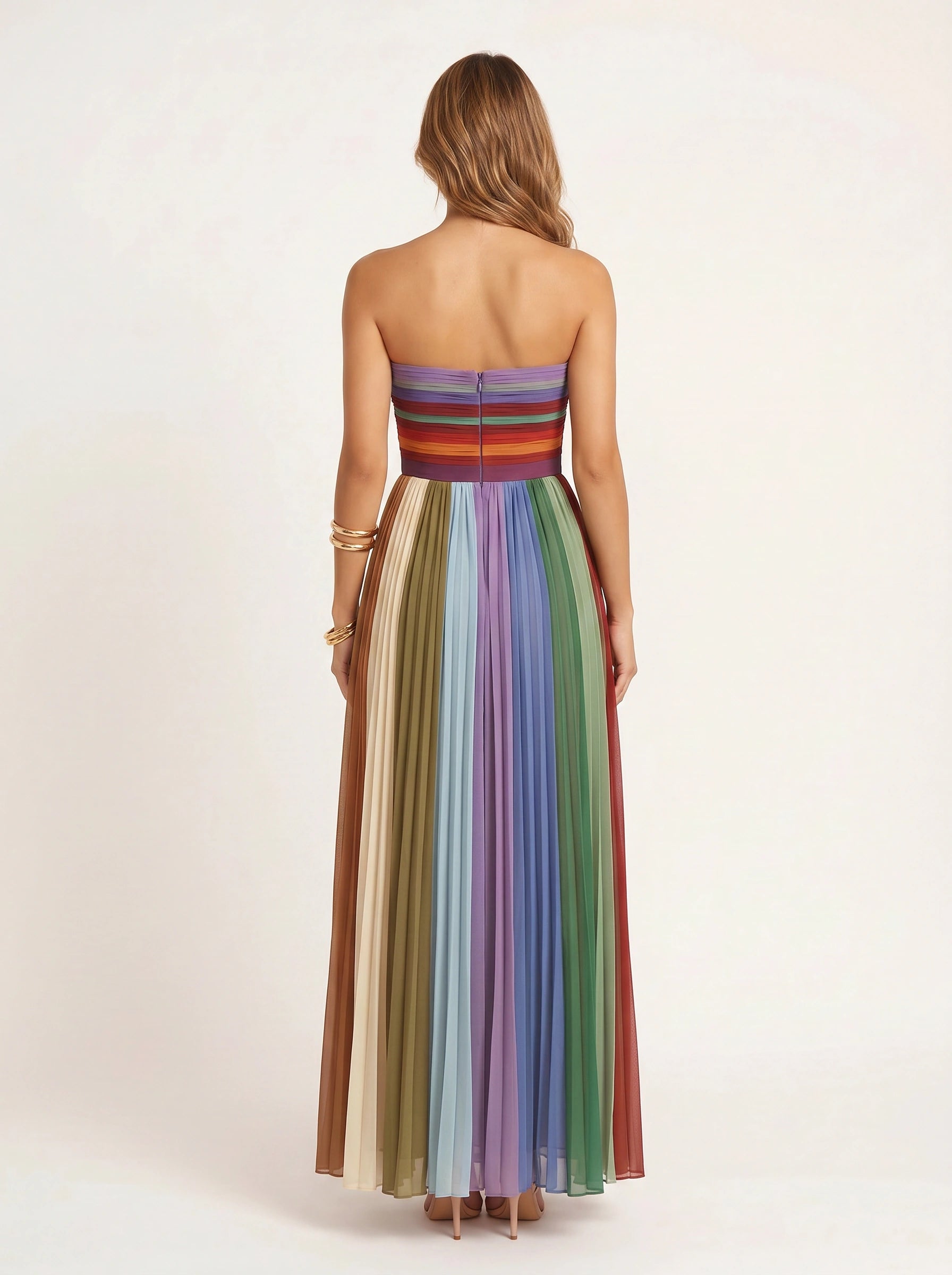 Richroma Strapless Pleated Maxi Dress – Multicolor Striped Wedding Guest Summer Women Formal Maxi Dress