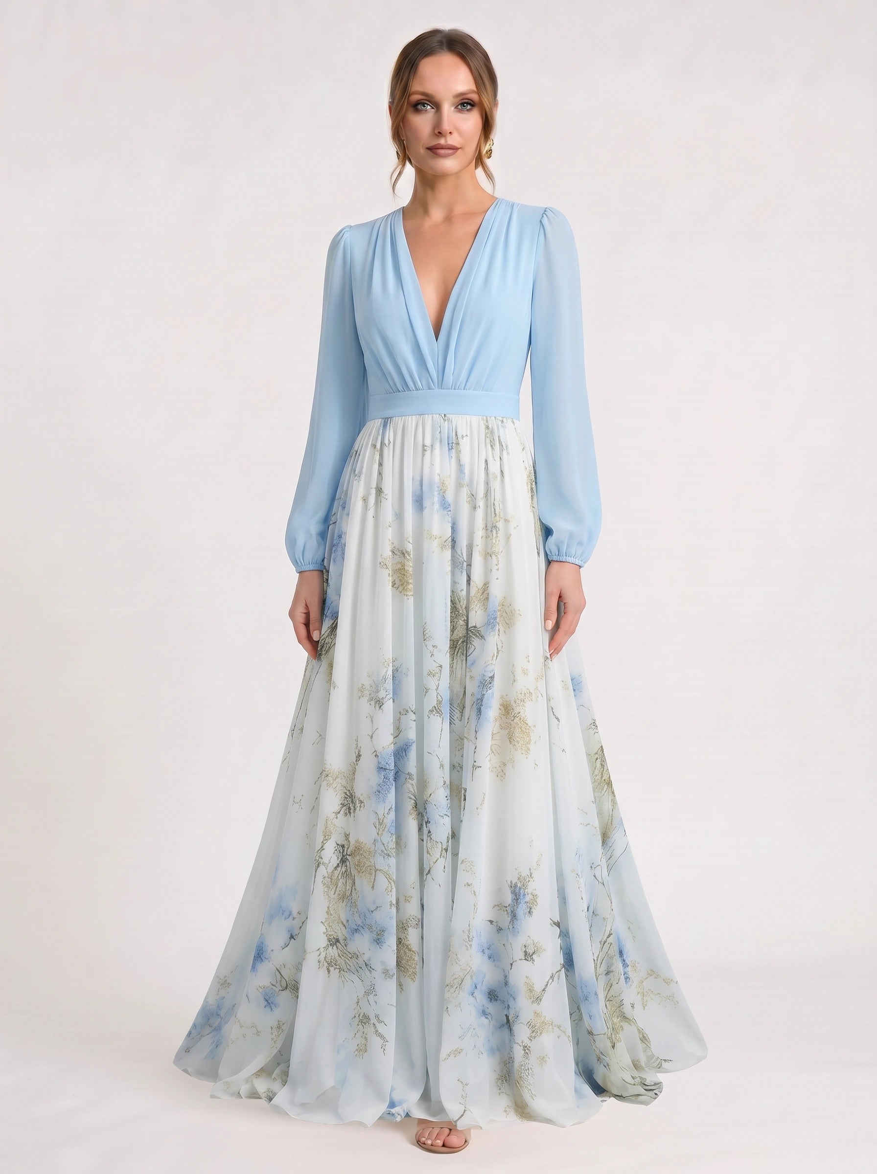 Cielflo Plunge V-Neck Maxi Dress – Floral Long Sleeve Women Wedding Guest Formal Summer Blue White Maxi Dress