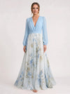 Cielflo Plunge V-Neck Maxi Dress – Floral Long Sleeve Women Wedding Guest Formal Summer Blue White Maxi Dress