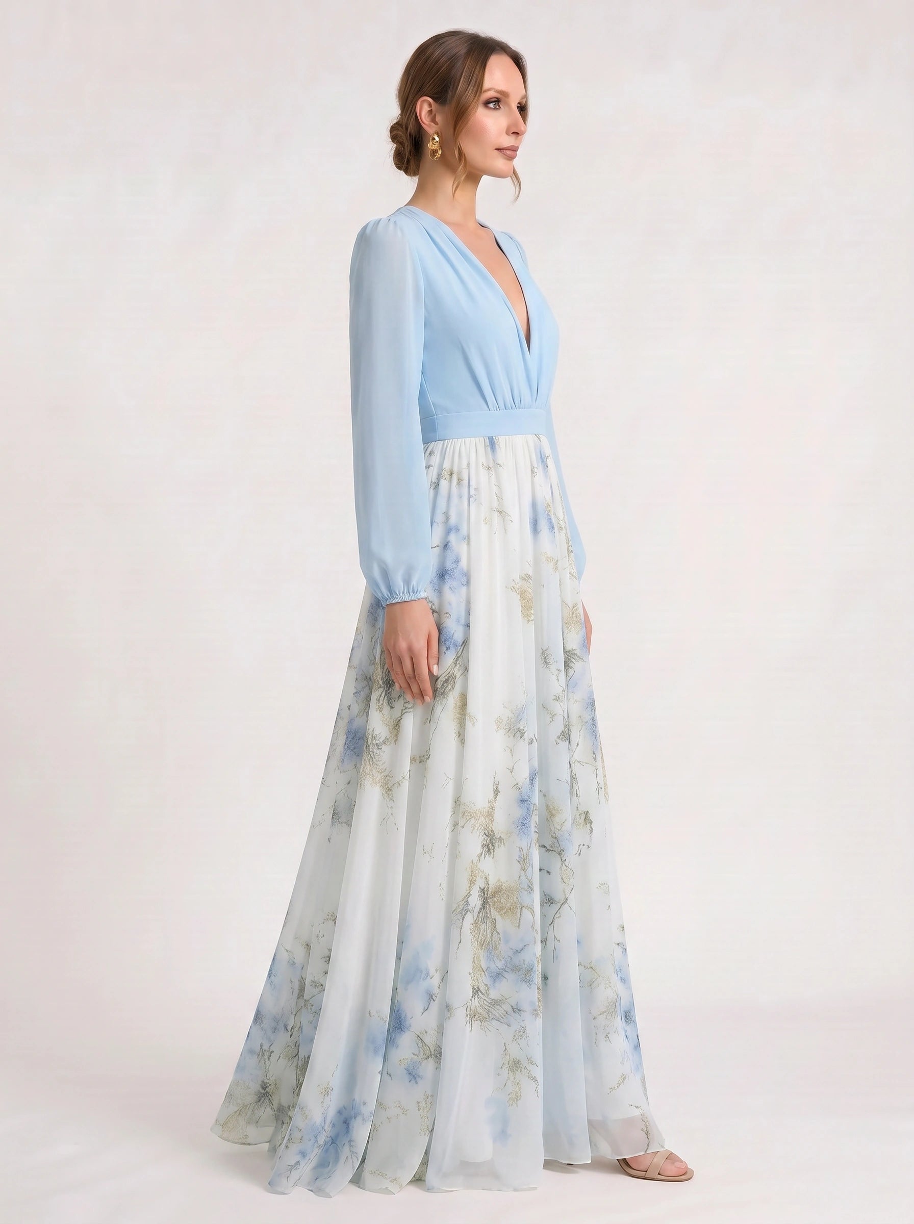 Cielflo Plunge V-Neck Maxi Dress – Floral Long Sleeve Women Wedding Guest Formal Summer Blue White Maxi Dress