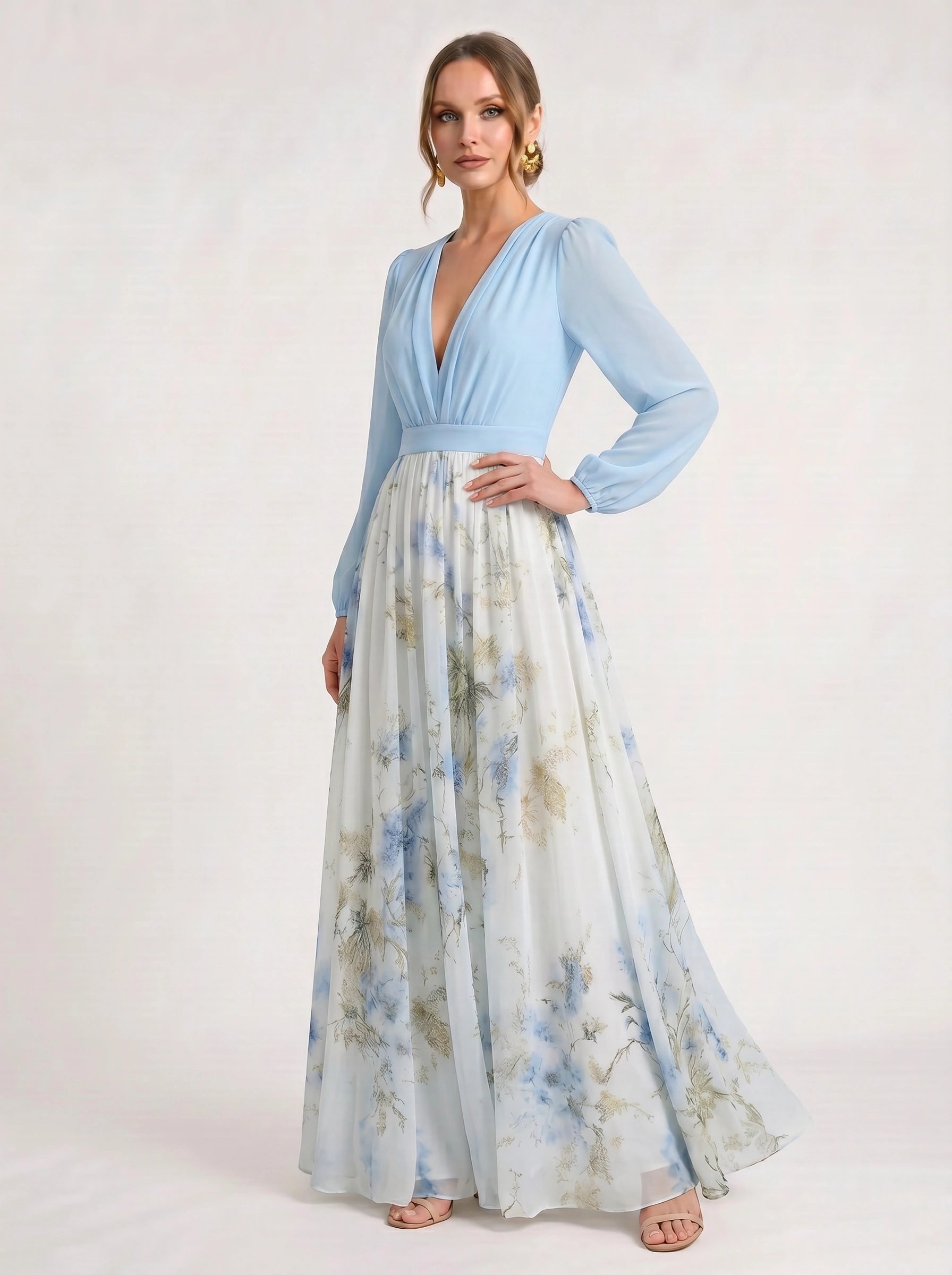 Cielflo Plunge V-Neck Maxi Dress – Floral Long Sleeve Women Wedding Guest Formal Summer Blue White Maxi Dress