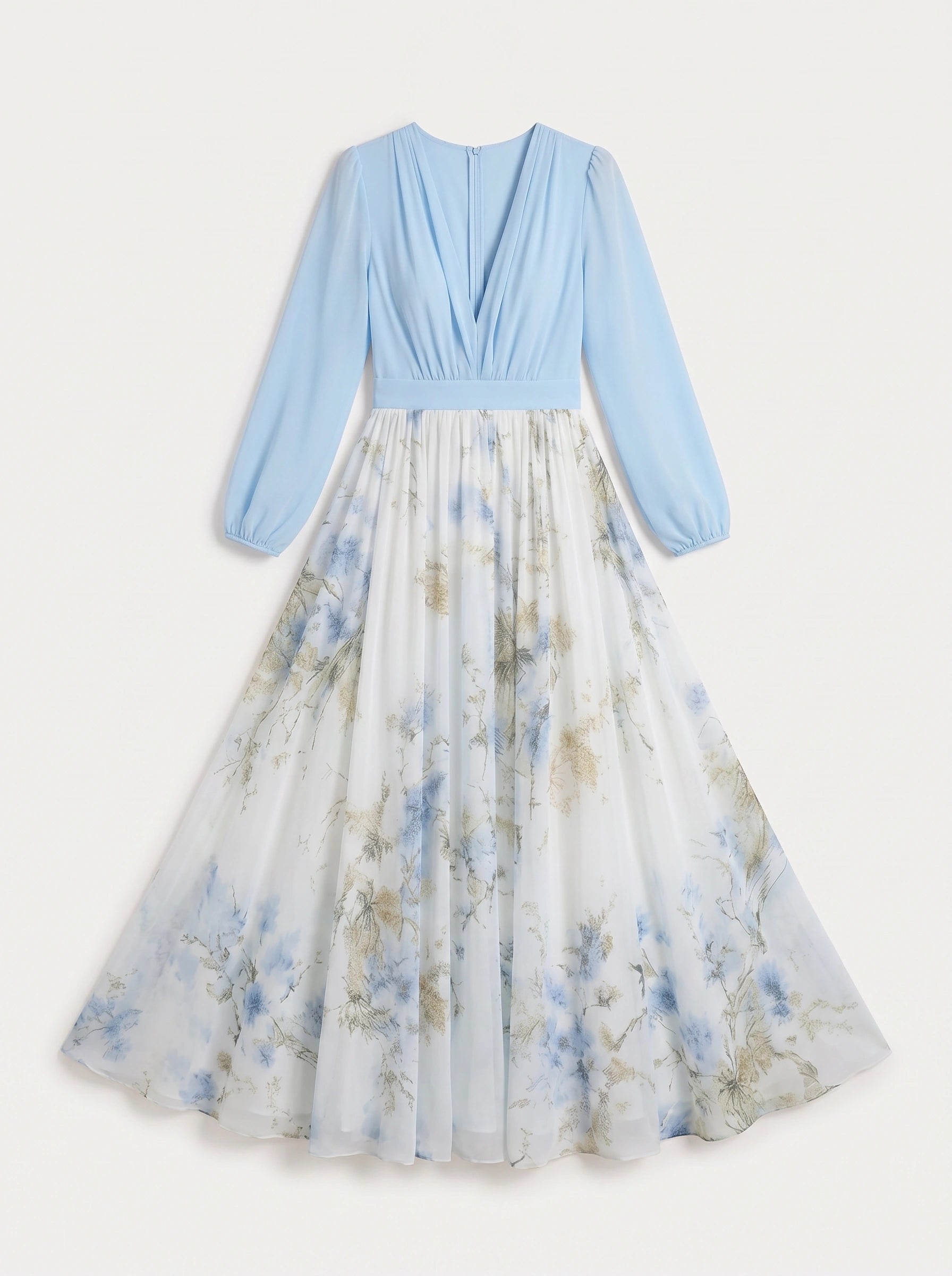 Cielflo Plunge V-Neck Maxi Dress – Floral Long Sleeve Women Wedding Guest Formal Summer Blue White Maxi Dress