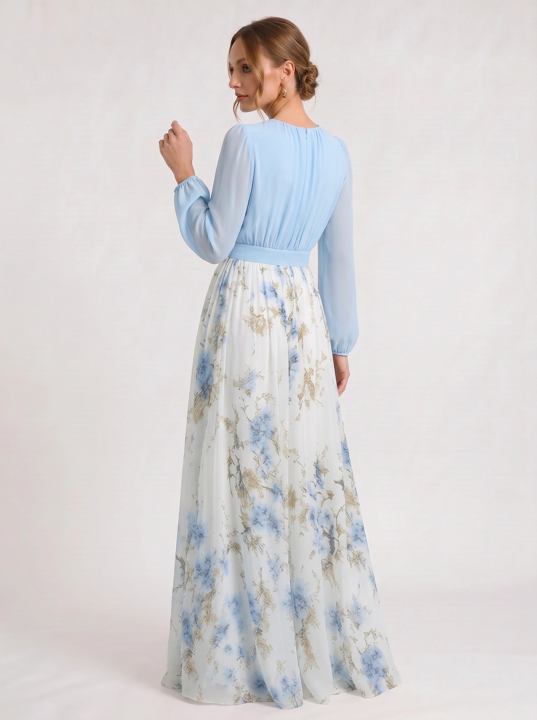 Cielflo Plunge V-Neck Maxi Dress – Floral Long Sleeve Women Wedding Guest Formal Summer Blue White Maxi Dress
