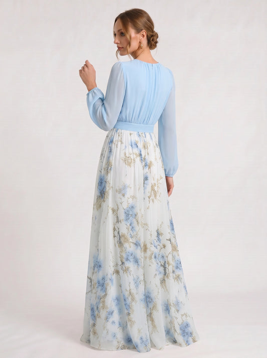Cielflo Plunge V-Neck Maxi Dress – Floral Long Sleeve Women Wedding Guest Formal Summer Blue White Maxi Dress