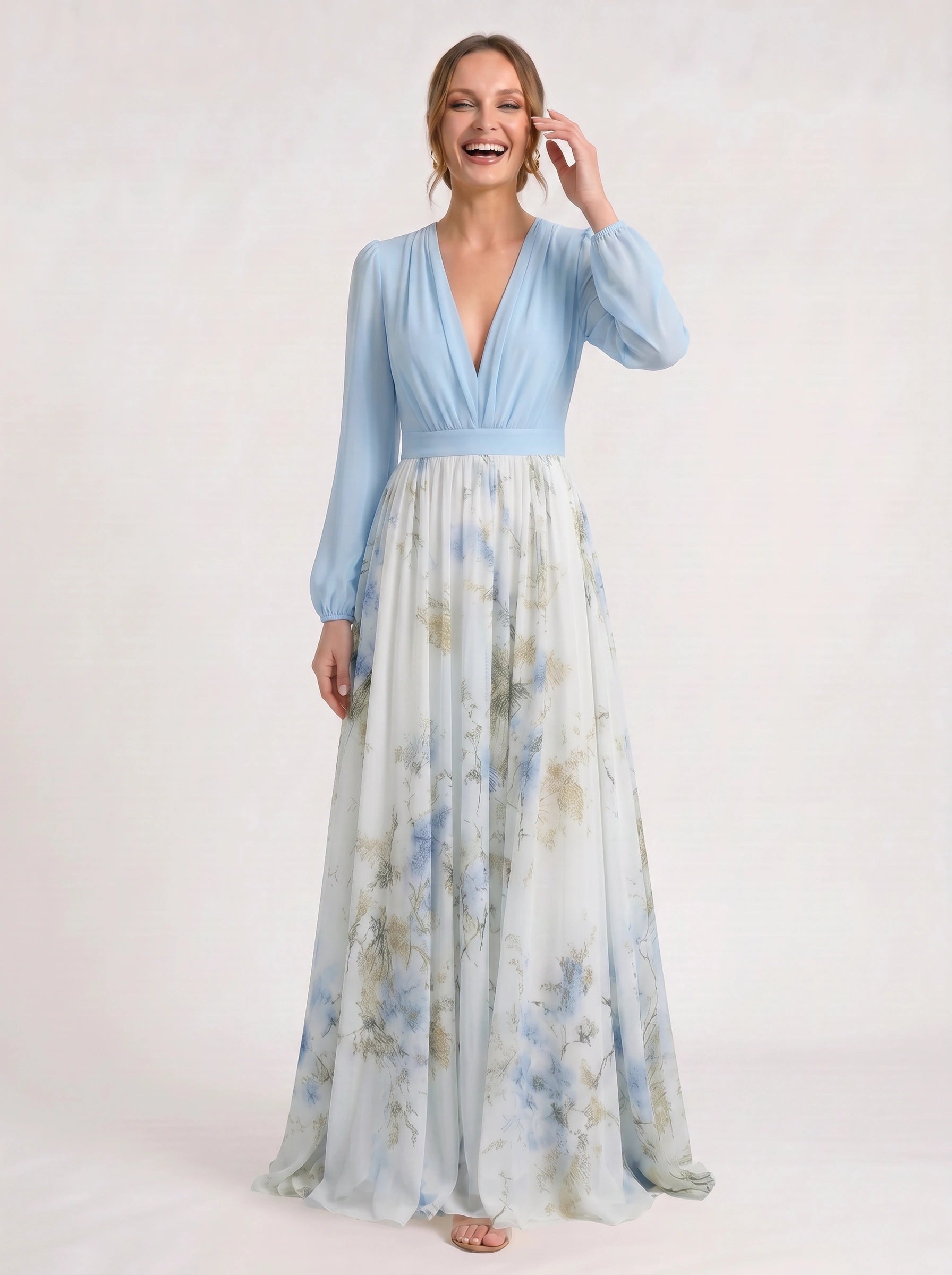 Cielflo Plunge V-Neck Maxi Dress – Floral Long Sleeve Women Wedding Guest Formal Summer Blue White Maxi Dress