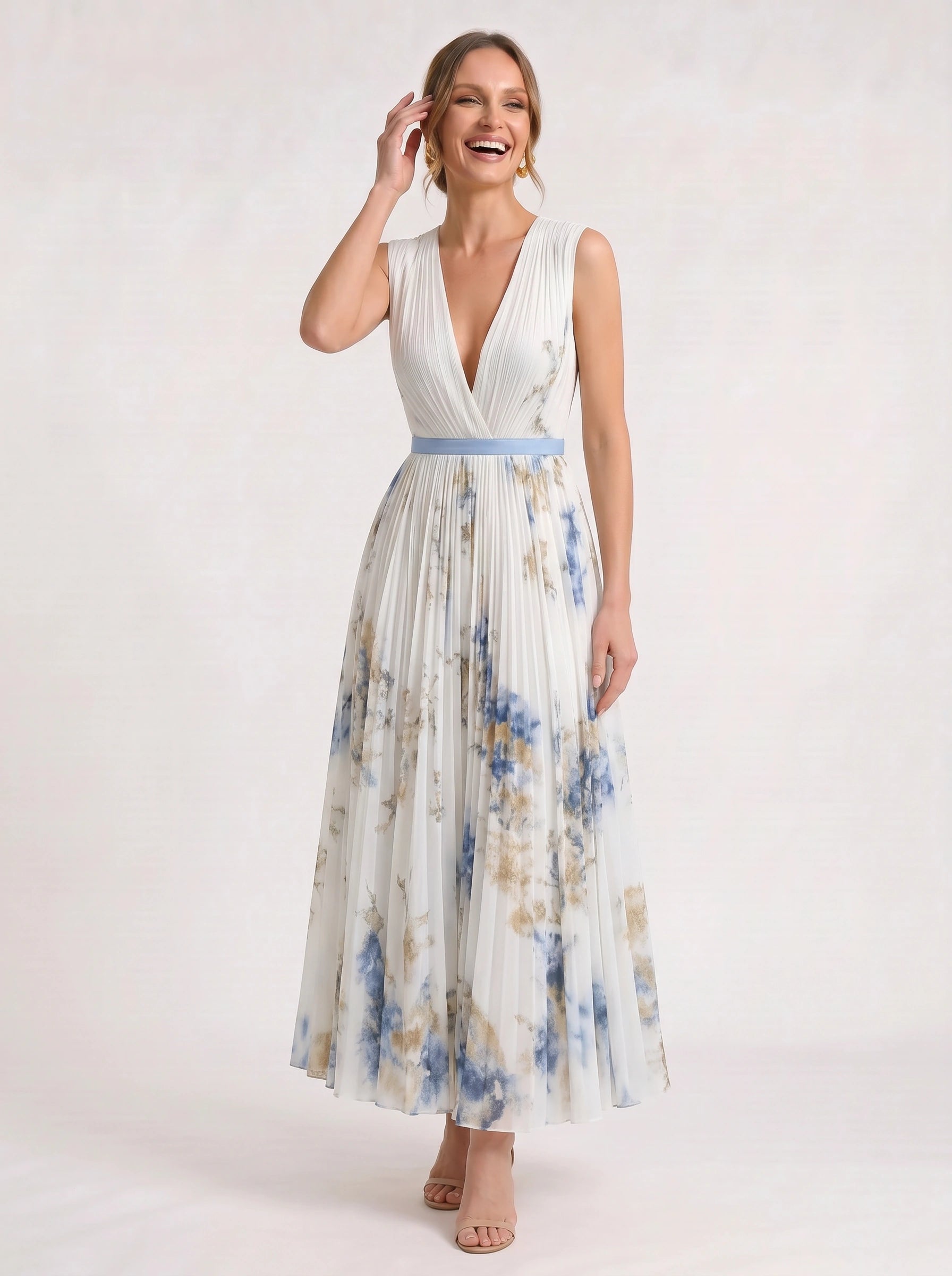 Aquarello Plunge Neck Pleated Maxi Dress – Watercolour Floral Formal Wedding Guest Women Summer Cocktail Maxi Dress