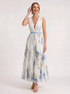 Aquarello Plunge Neck Pleated Maxi Dress – Watercolour Floral Formal Wedding Guest Women Summer Cocktail Maxi Dress