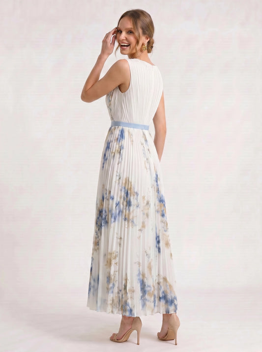 Aquarello Plunge Neck Pleated Maxi Dress – Watercolour Floral Formal Wedding Guest Women Summer Cocktail Maxi Dress