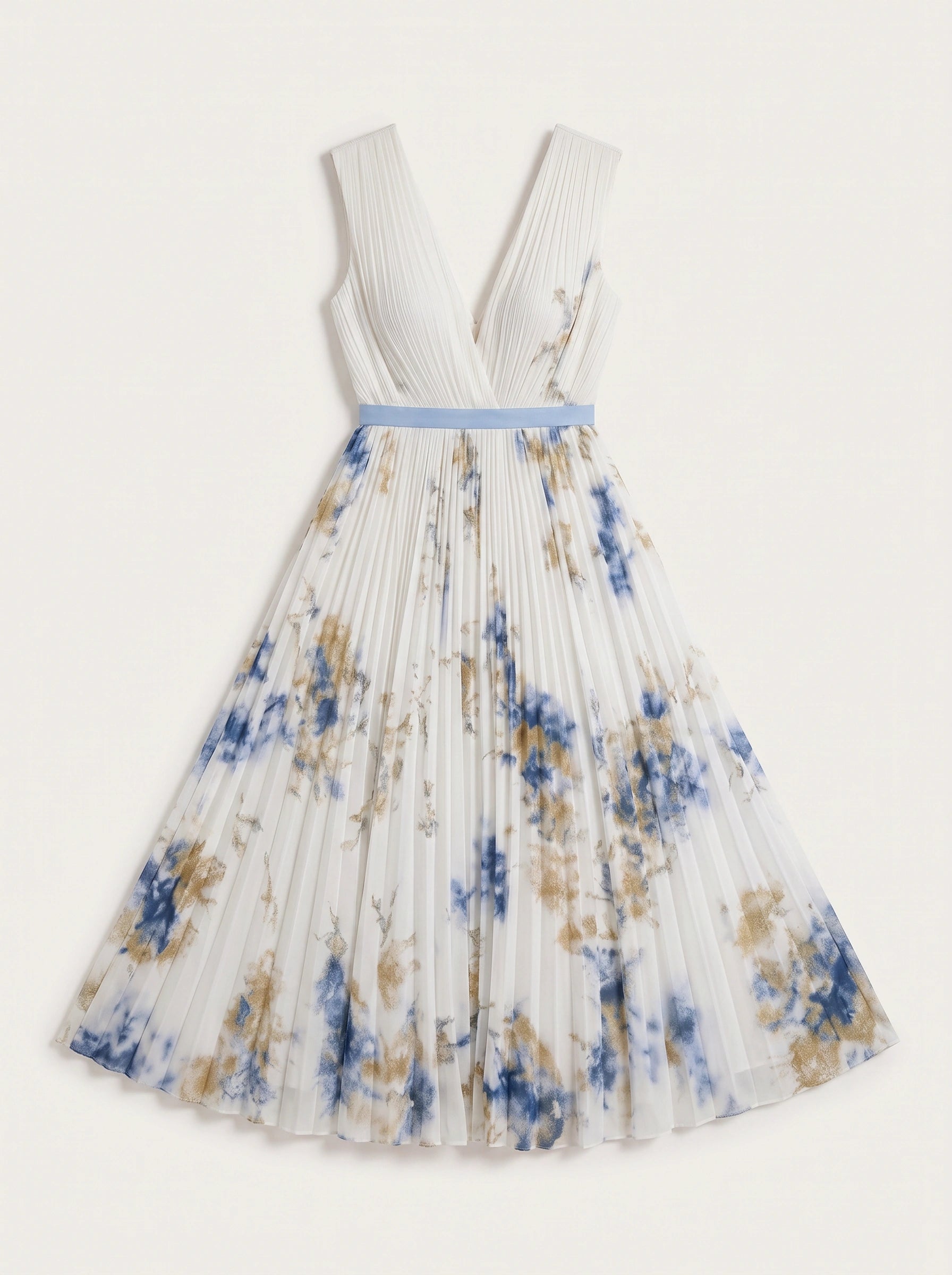 Aquarello Plunge Neck Pleated Maxi Dress – Watercolour Floral Formal Wedding Guest Women Summer Cocktail Maxi Dress