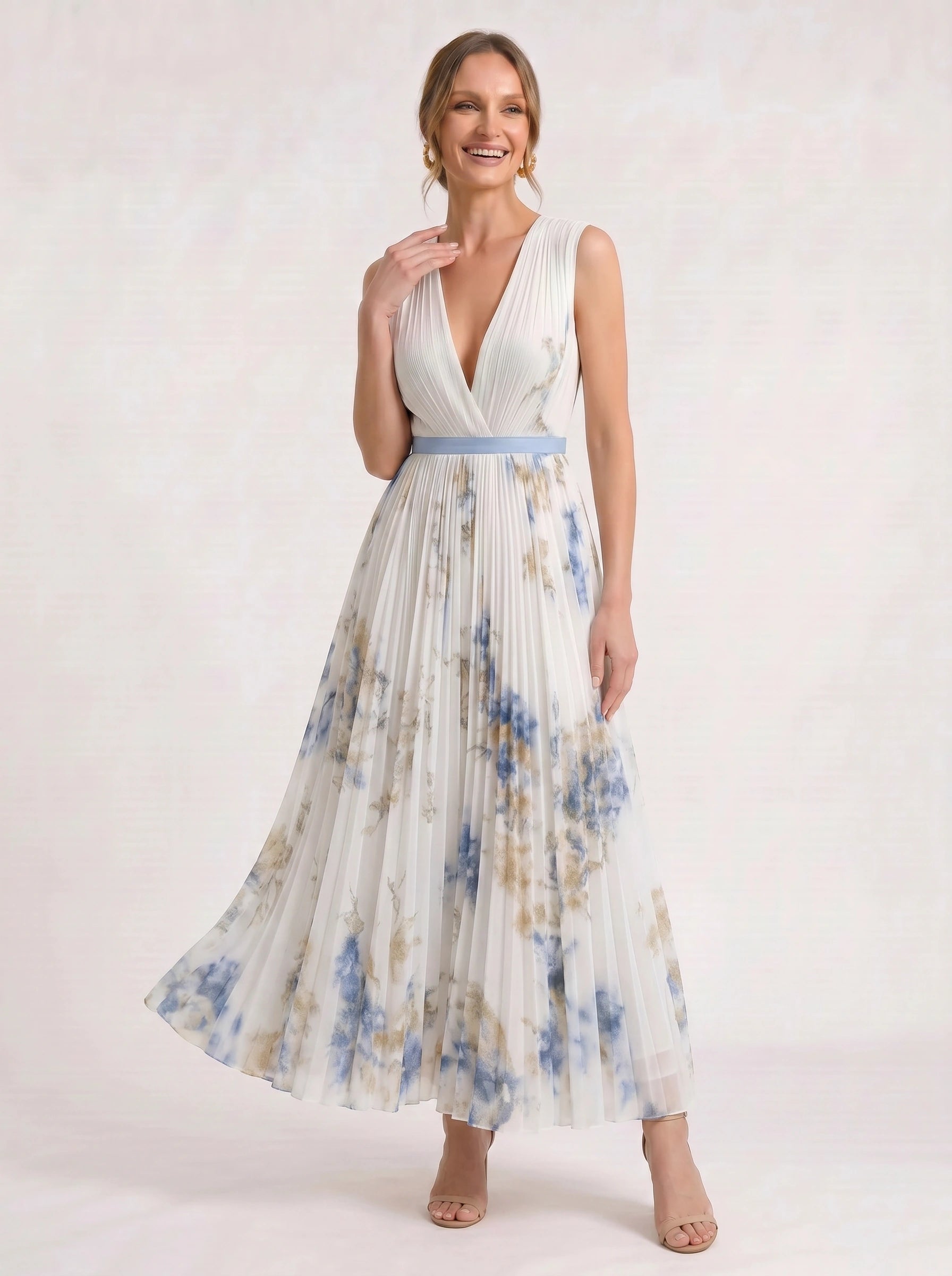 Aquarello Plunge Neck Pleated Maxi Dress – Watercolour Floral Formal Wedding Guest Women Summer Cocktail Maxi Dress