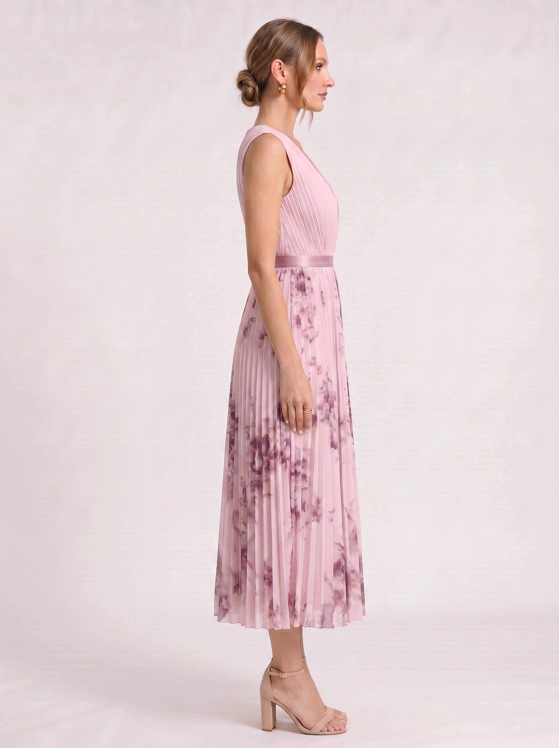 Aquarello Plunge Neck Pleated Maxi Dress – Watercolour Floral Formal Wedding Guest Women Summer Cocktail Maxi Dress