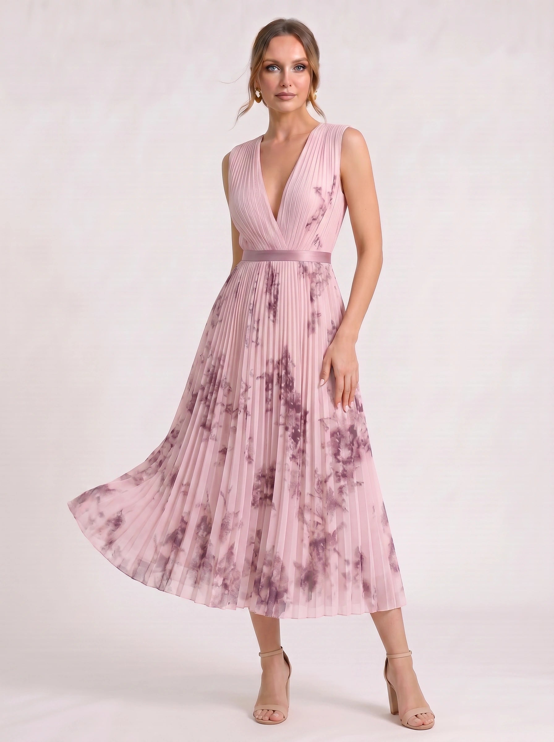 Aquarello Plunge Neck Pleated Maxi Dress – Watercolour Floral Formal Wedding Guest Women Summer Cocktail Maxi Dress