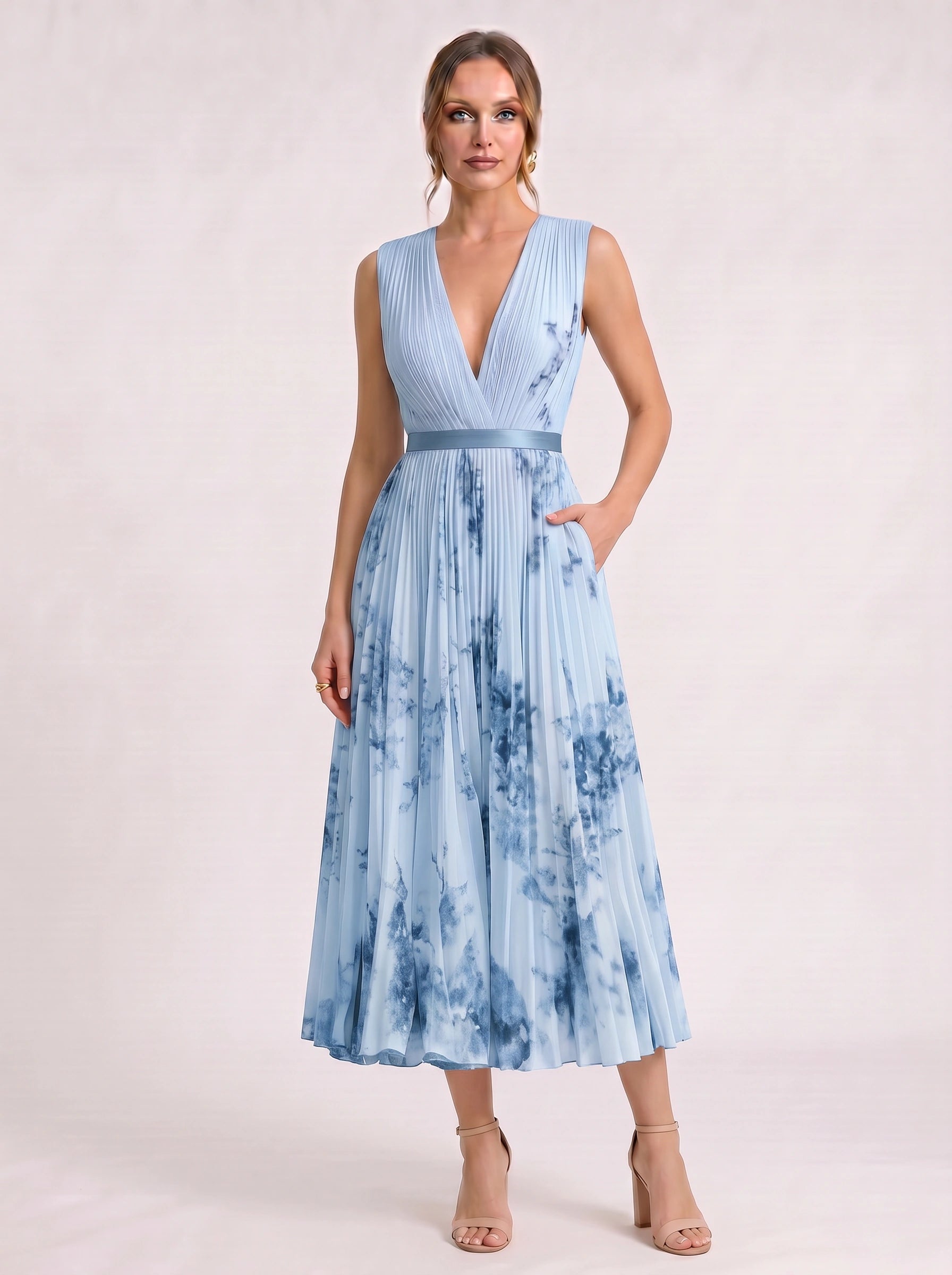 Aquarello Plunge Neck Pleated Maxi Dress – Watercolour Floral Formal Wedding Guest Women Summer Cocktail Maxi Dress