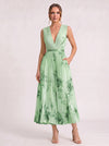 Aquarello Plunge Neck Pleated Maxi Dress – Watercolour Floral Formal Wedding Guest Women Summer Cocktail Maxi Dress