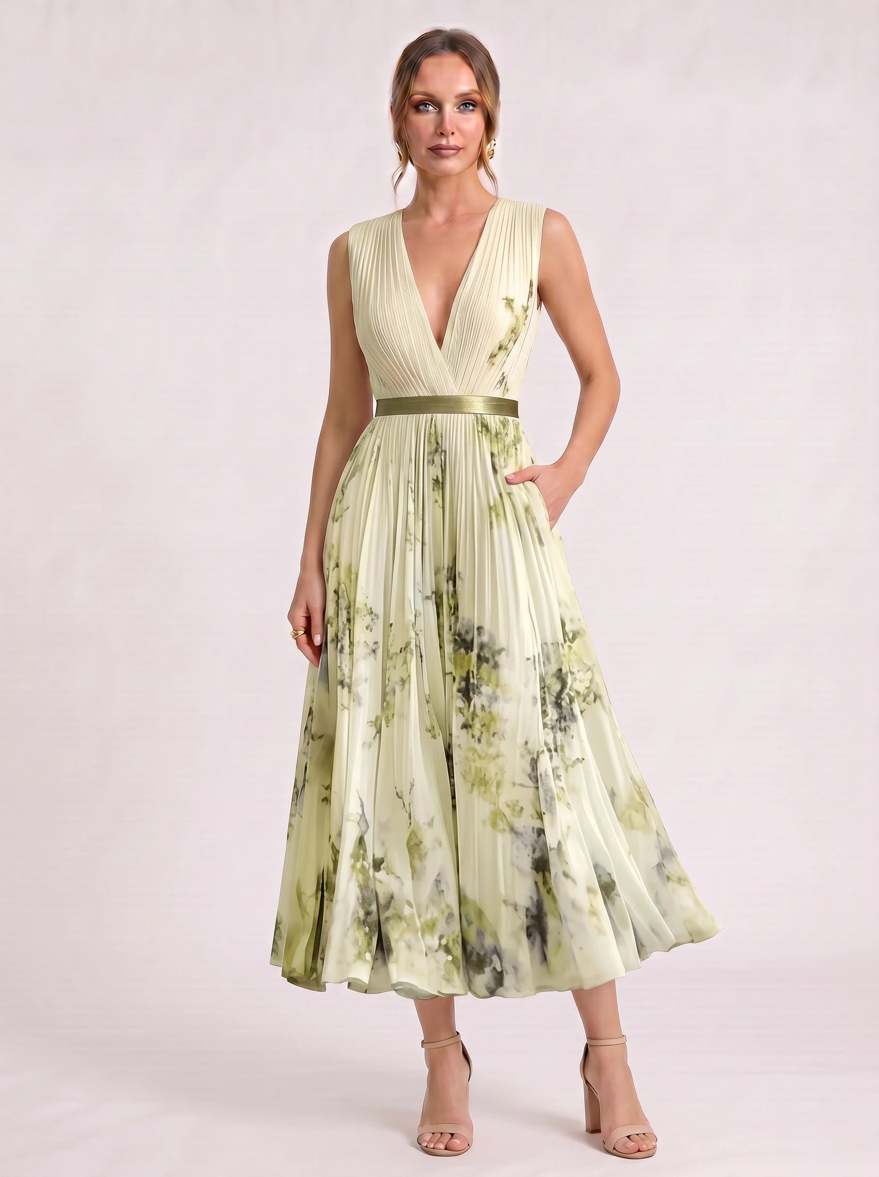 Aquarello Plunge Neck Pleated Maxi Dress – Watercolour Floral Formal Wedding Guest Women Summer Cocktail Maxi Dress
