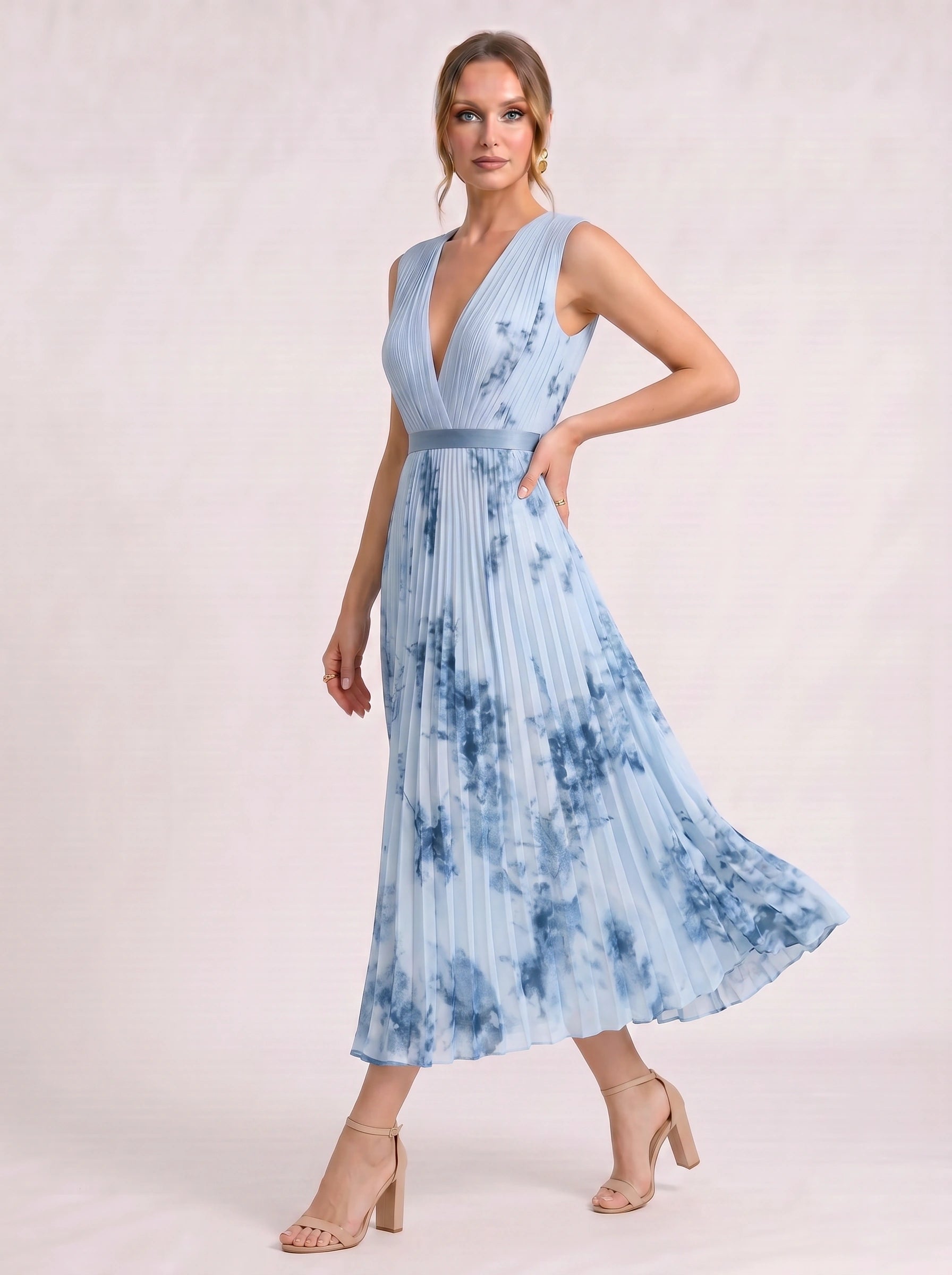 Aquarello Plunge Neck Pleated Maxi Dress – Watercolour Floral Formal Wedding Guest Women Summer Cocktail Maxi Dress