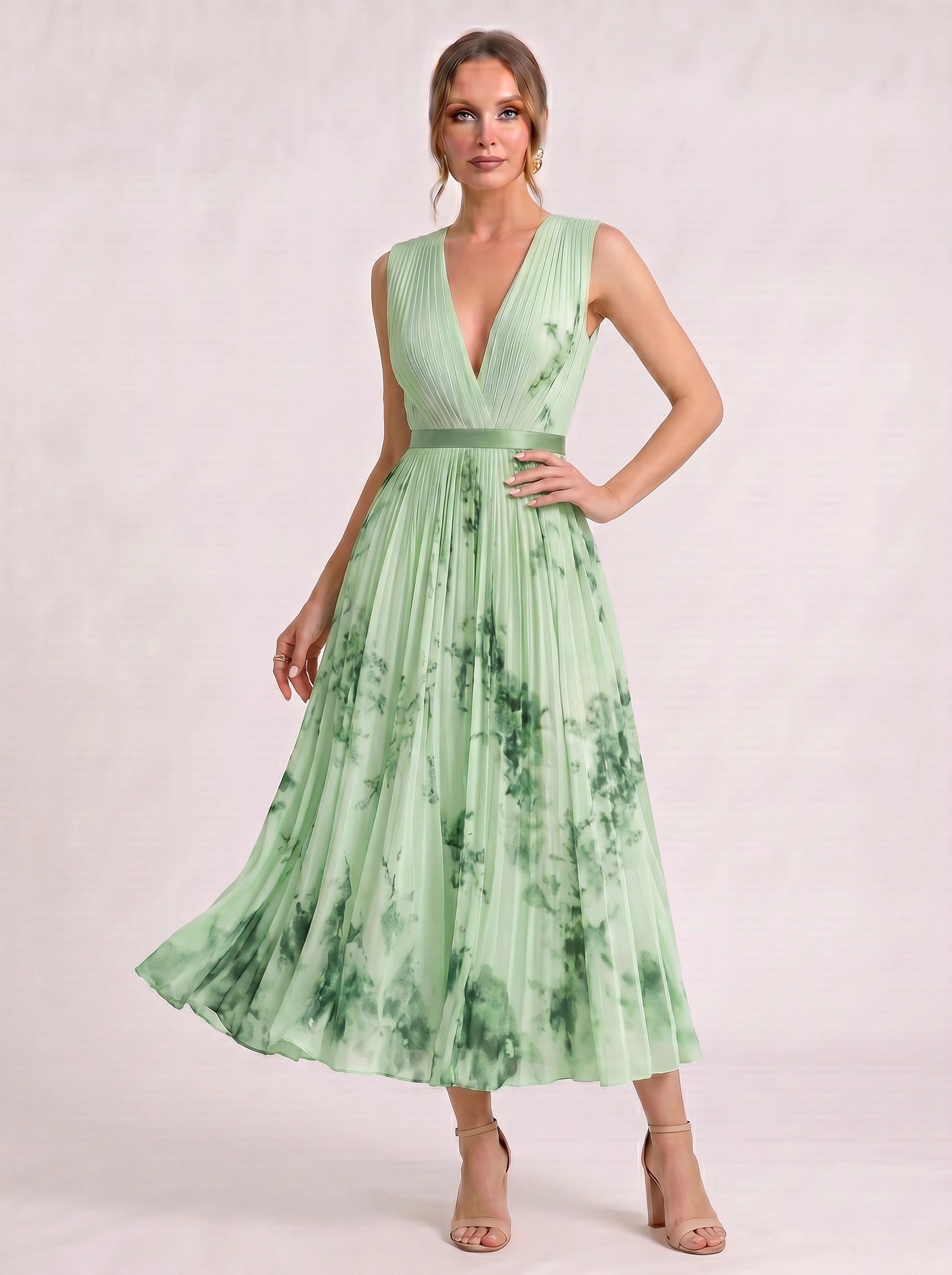 Aquarello Plunge Neck Pleated Maxi Dress – Watercolour Floral Formal Wedding Guest Women Summer Cocktail Maxi Dress