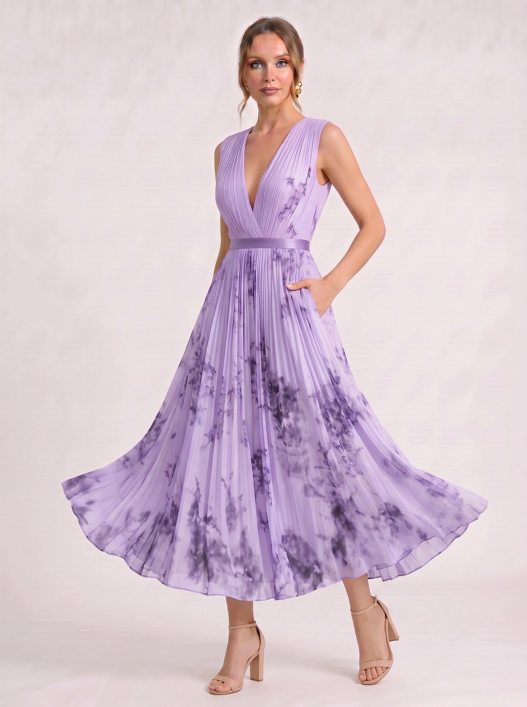Aquarello Plunge Neck Pleated Maxi Dress – Watercolour Floral Formal Wedding Guest Women Summer Cocktail Maxi Dress