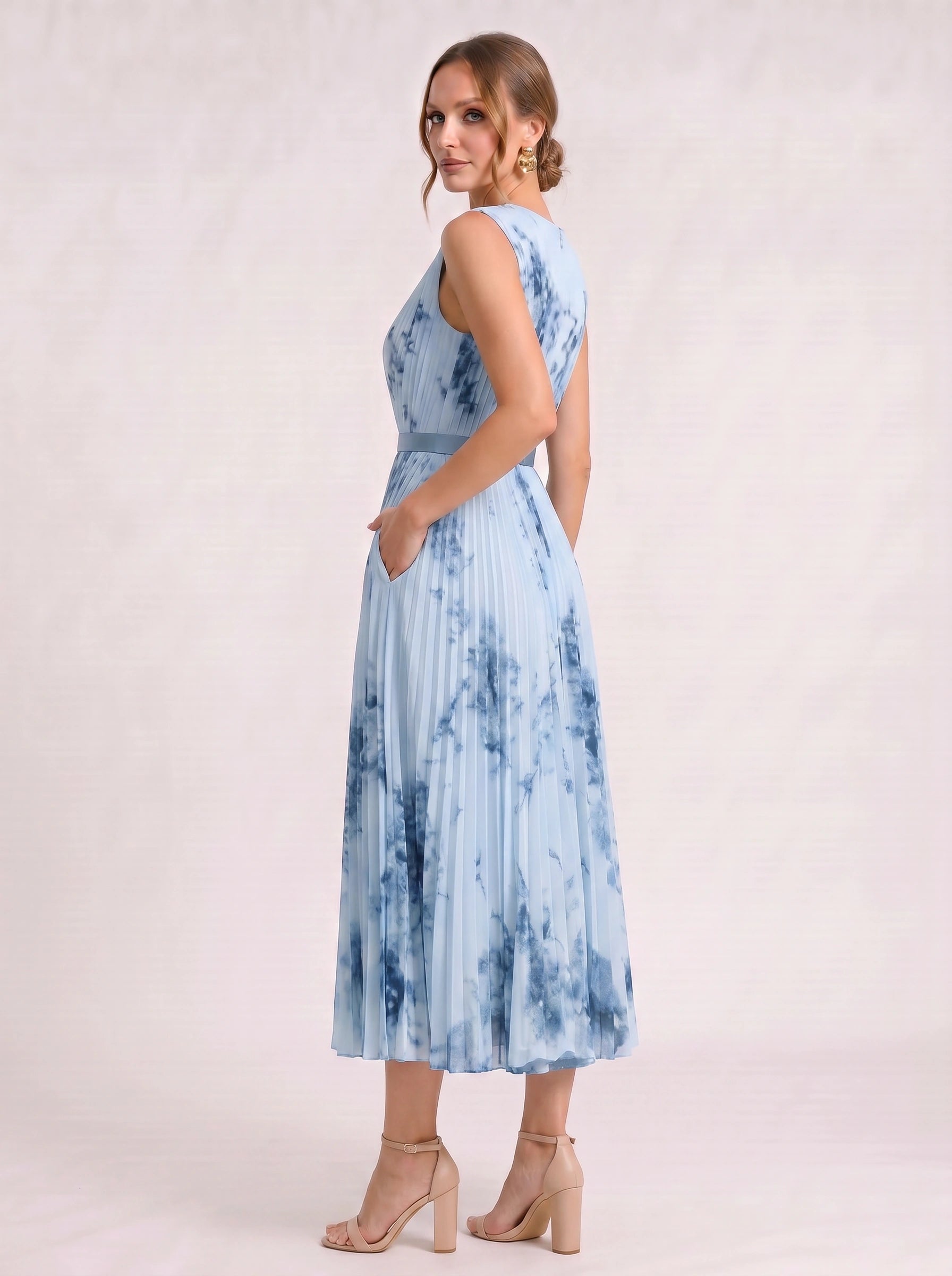 Aquarello Plunge Neck Pleated Maxi Dress – Watercolour Floral Formal Wedding Guest Women Summer Cocktail Maxi Dress