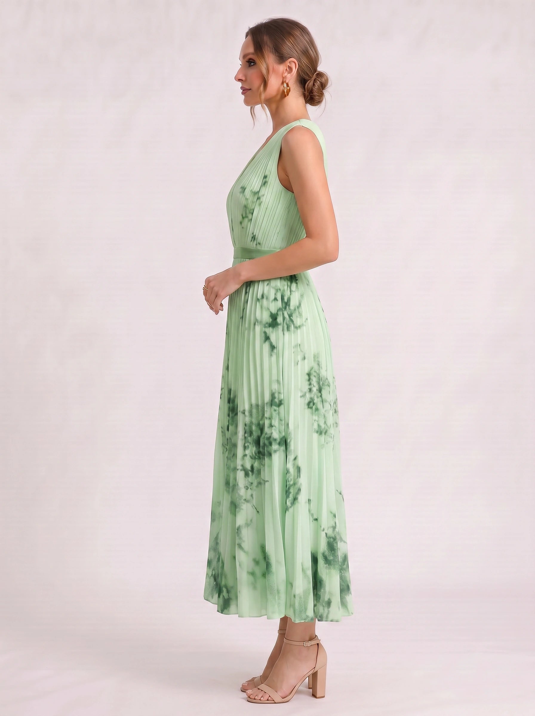Aquarello Plunge Neck Pleated Maxi Dress – Watercolour Floral Formal Wedding Guest Women Summer Cocktail Maxi Dress
