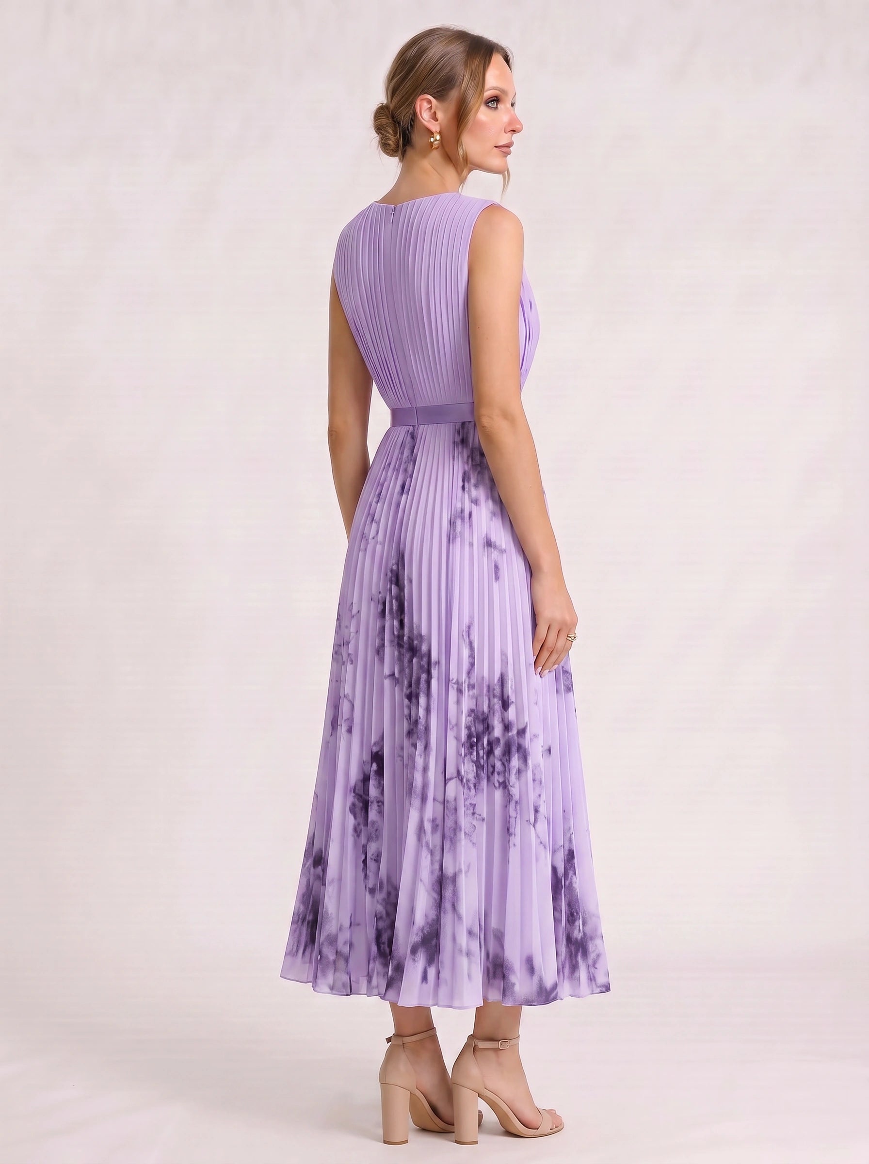 Aquarello Plunge Neck Pleated Maxi Dress – Watercolour Floral Formal Wedding Guest Women Summer Cocktail Maxi Dress