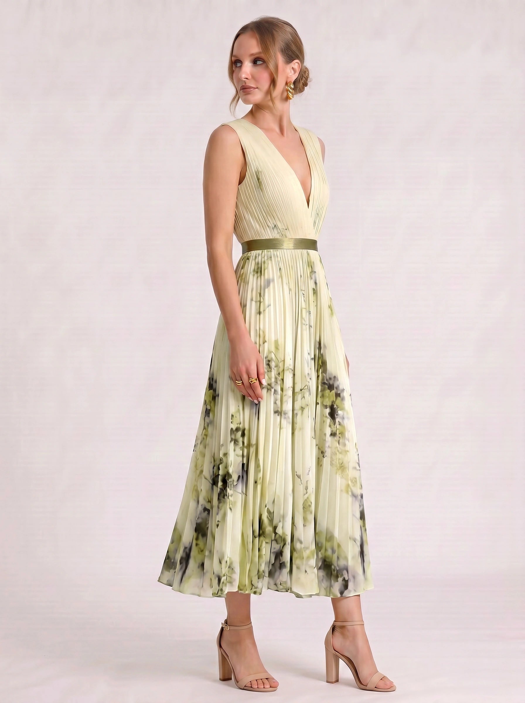 Aquarello Plunge Neck Pleated Maxi Dress – Watercolour Floral Formal Wedding Guest Women Summer Cocktail Maxi Dress