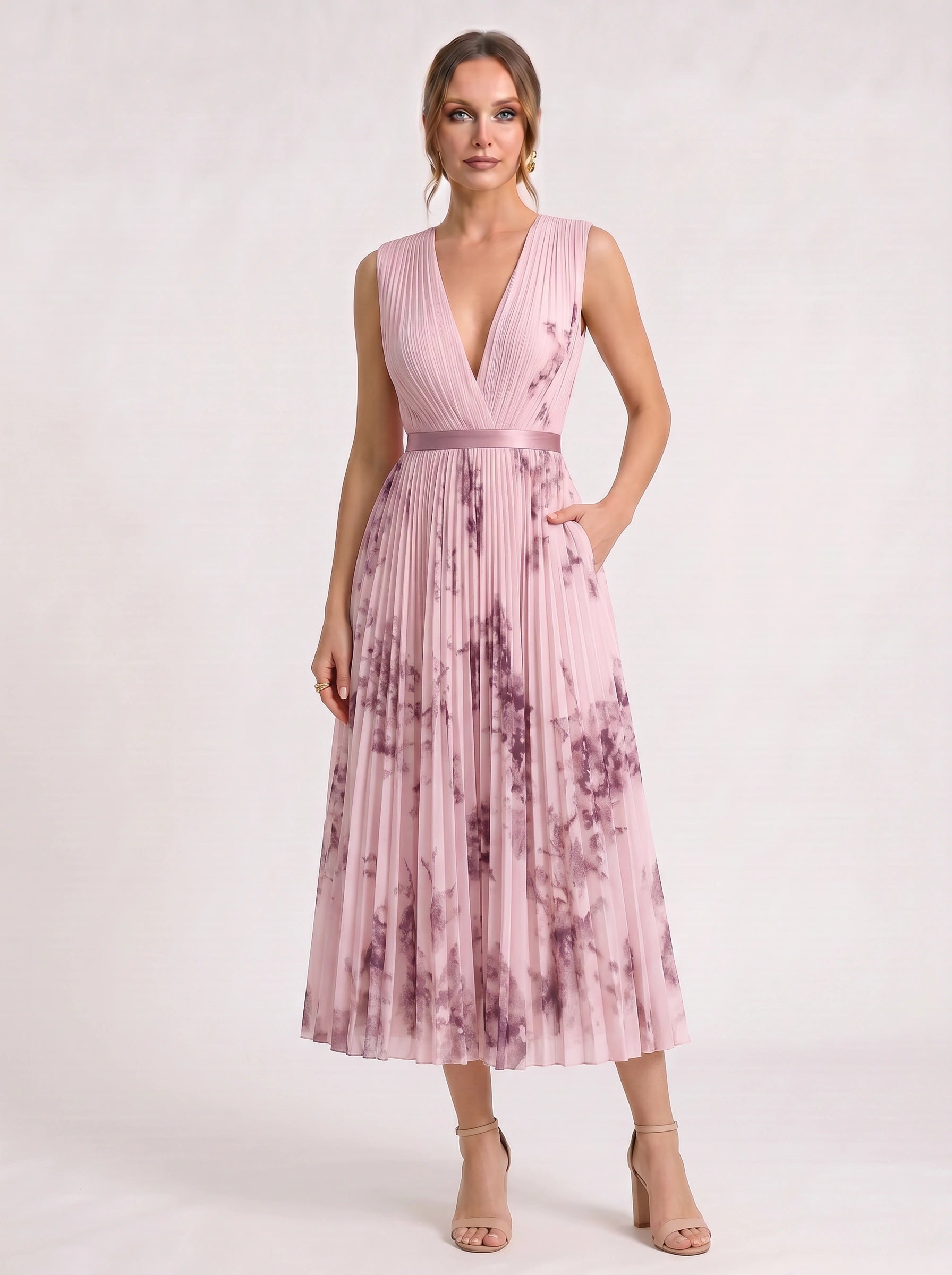 Aquarello Plunge Neck Pleated Maxi Dress – Watercolour Floral Formal Wedding Guest Women Summer Cocktail Maxi Dress