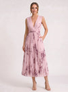 Aquarello Plunge Neck Pleated Maxi Dress – Watercolour Floral Formal Wedding Guest Women Summer Cocktail Maxi Dress