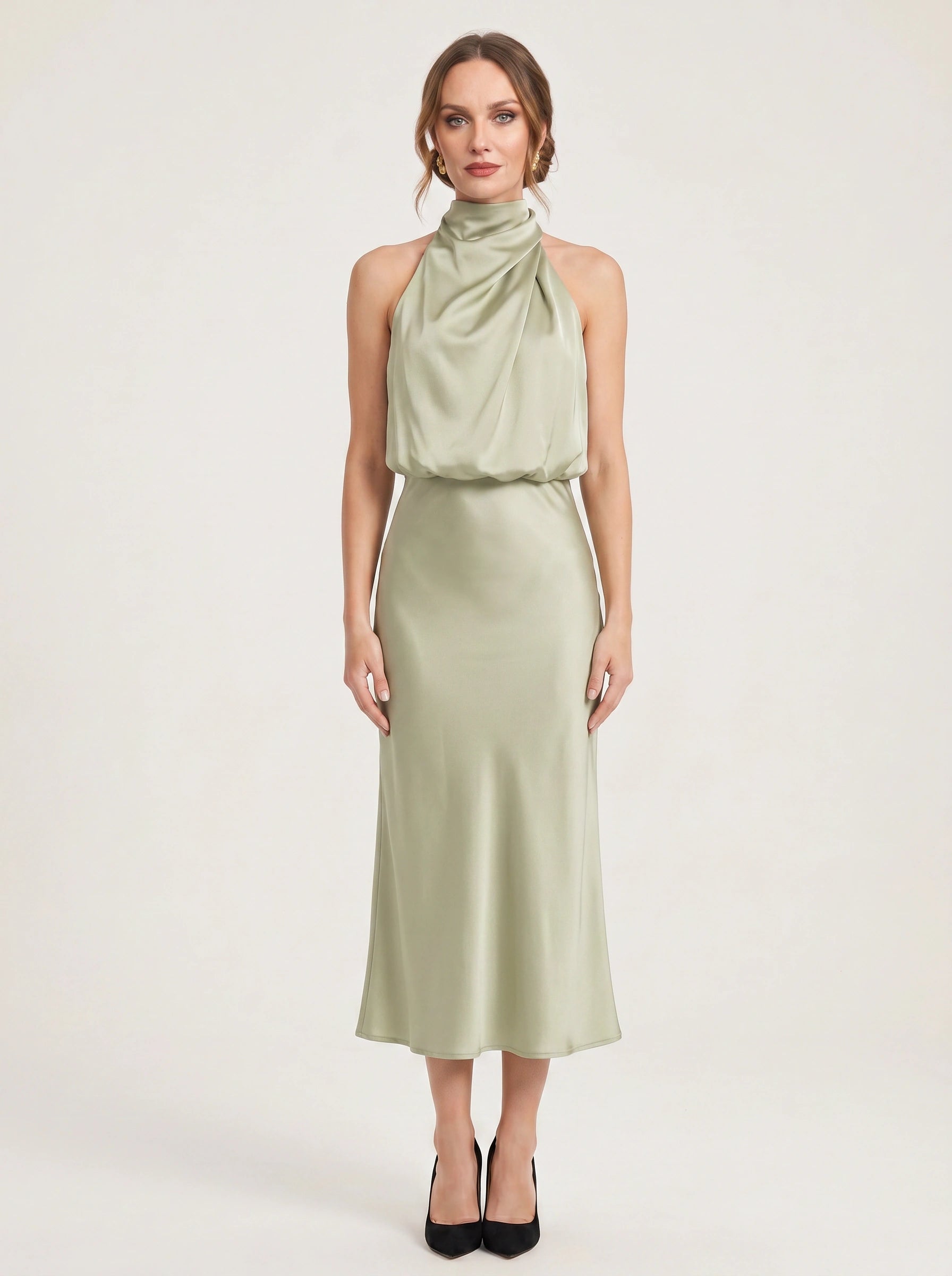 Collisse Halter Neck Midi Dress – Satin Draped Women Formal Cocktail Wedding Guest Summer Evening Midi Dress