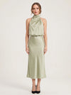 Collisse Halter Neck Midi Dress – Satin Draped Women Formal Cocktail Wedding Guest Summer Evening Midi Dress