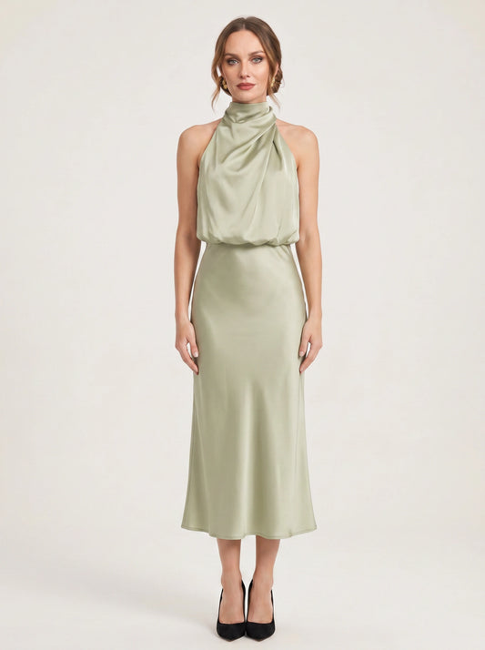Collisse Halter Neck Midi Dress – Satin Draped Women Formal Cocktail Wedding Guest Summer Evening Midi Dress