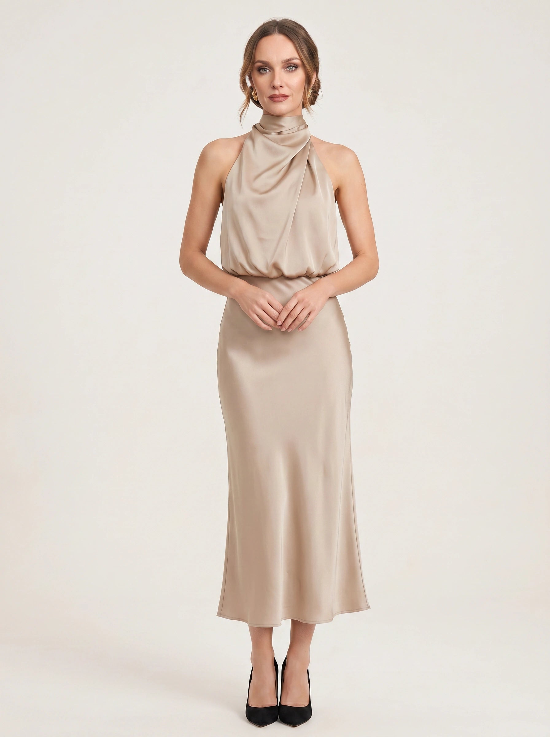 Collisse Halter Neck Midi Dress – Satin Draped Women Formal Cocktail Wedding Guest Summer Evening Midi Dress