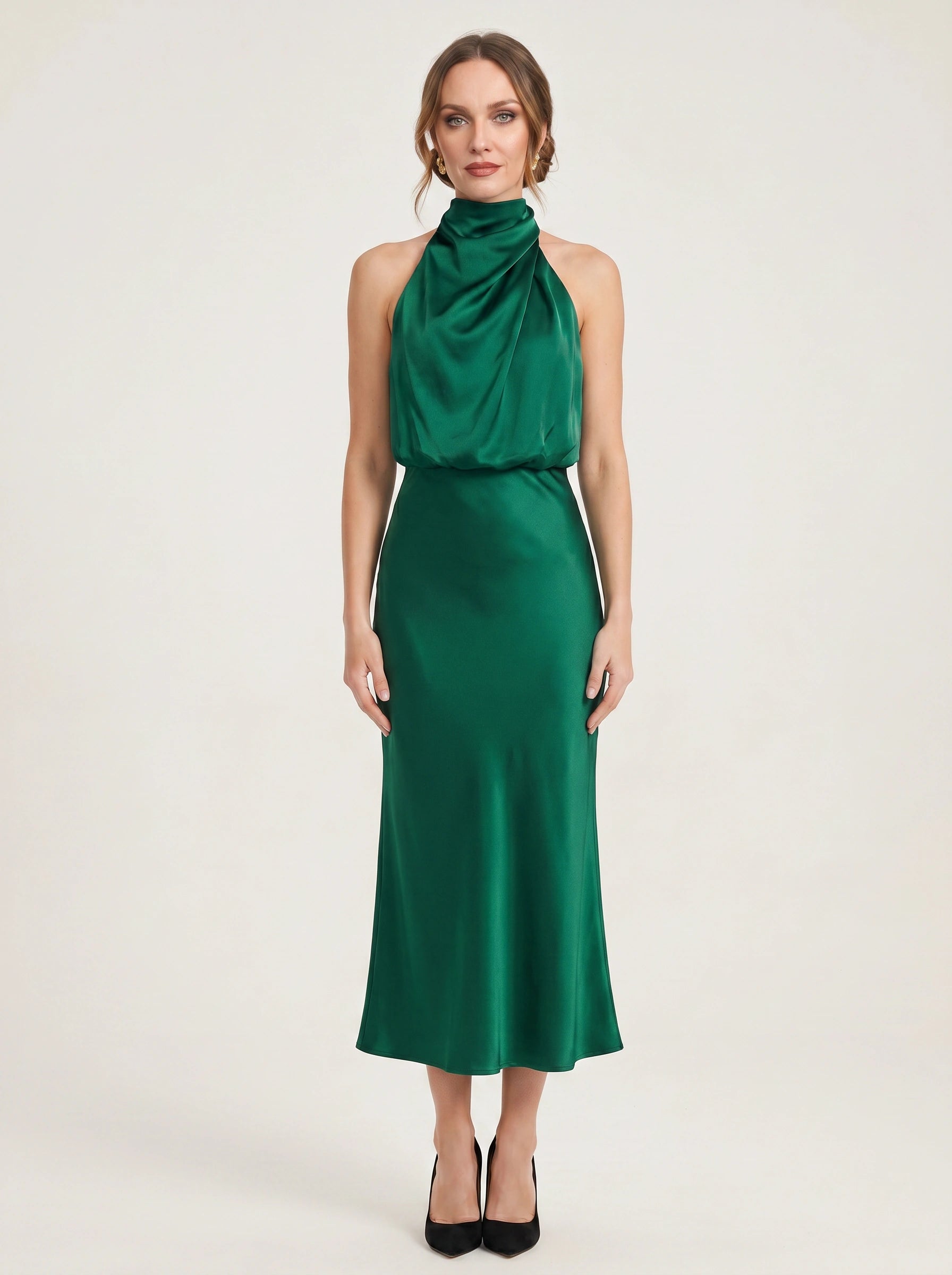 Collisse Halter Neck Midi Dress – Satin Draped Women Formal Cocktail Wedding Guest Summer Evening Midi Dress