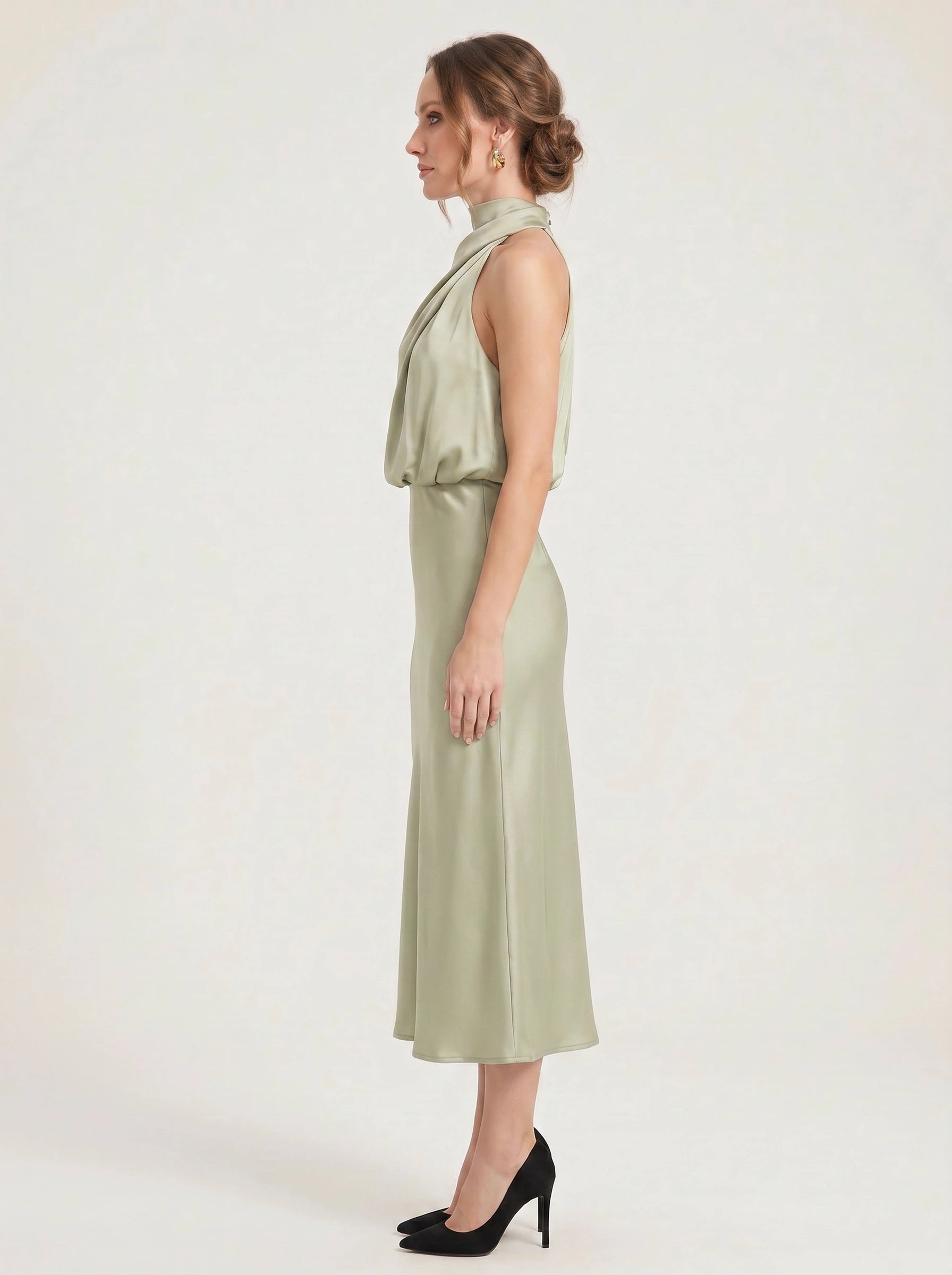 Collisse Halter Neck Midi Dress – Satin Draped Women Formal Cocktail Wedding Guest Summer Evening Midi Dress