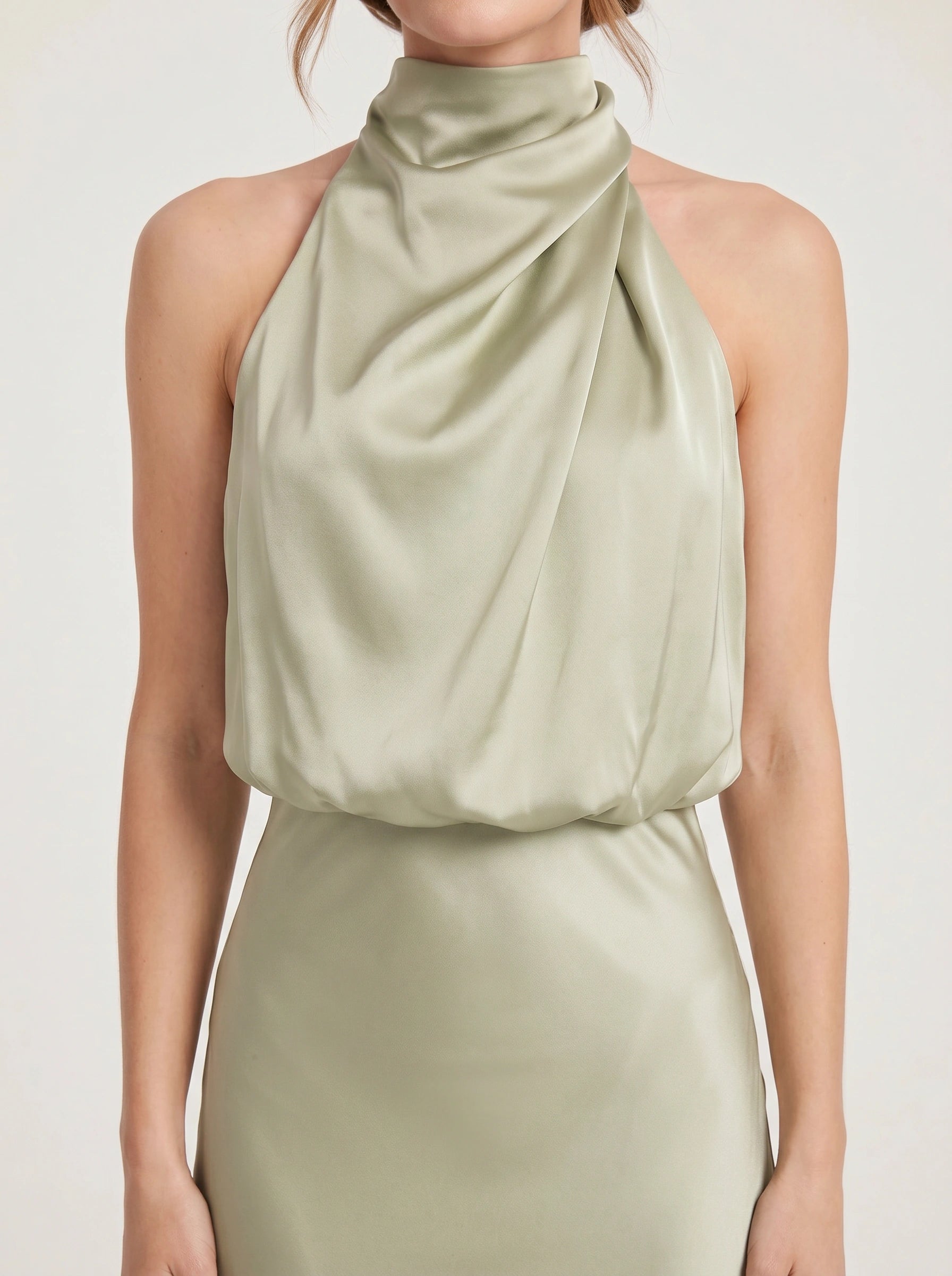 Collisse Halter Neck Midi Dress – Satin Draped Women Formal Cocktail Wedding Guest Summer Evening Midi Dress