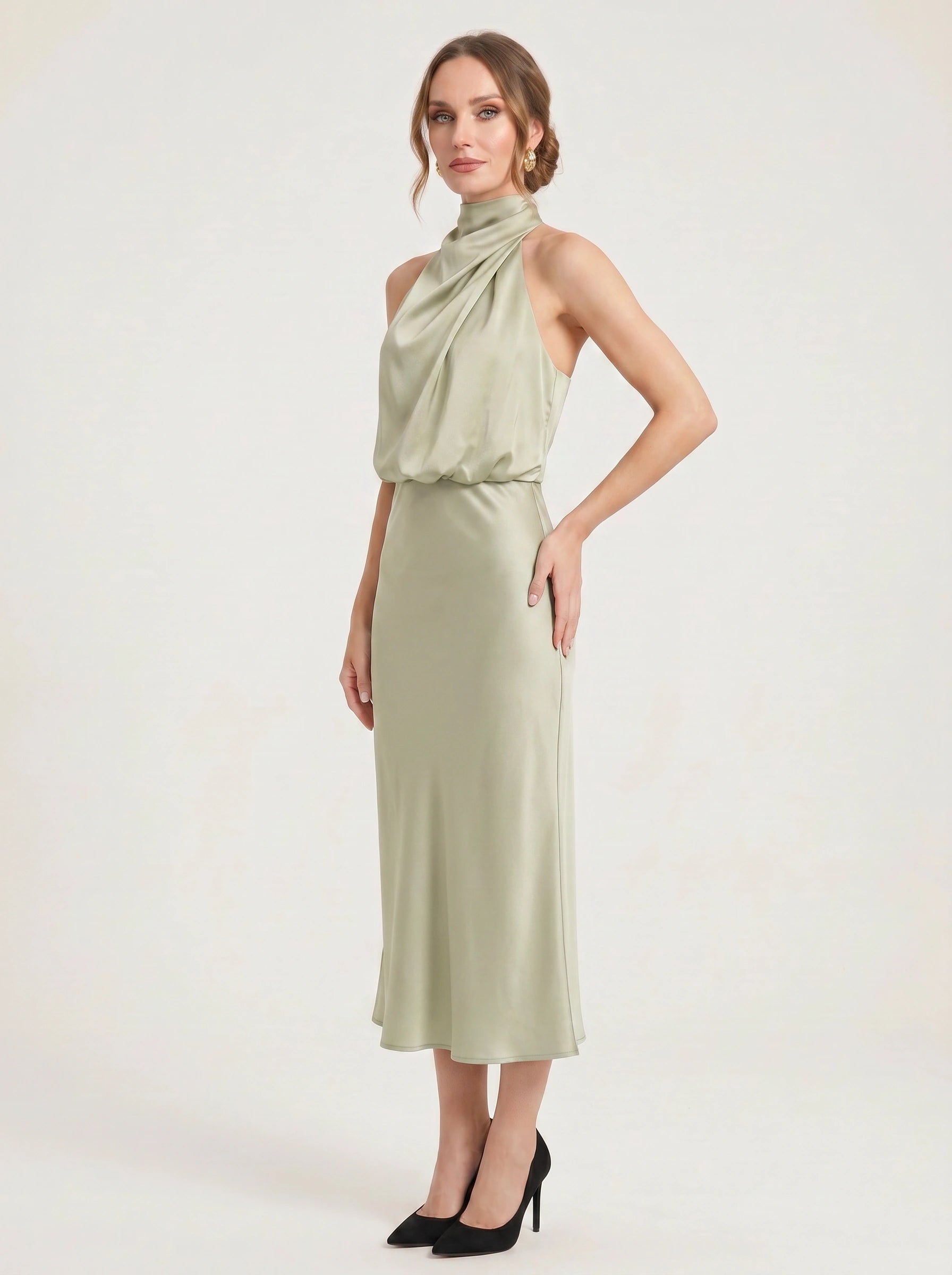 Collisse Halter Neck Midi Dress – Satin Draped Women Formal Cocktail Wedding Guest Summer Evening Midi Dress