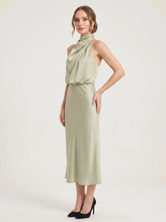 Collisse Halter Neck Midi Dress – Satin Draped Women Formal Cocktail Wedding Guest Summer Evening Midi Dress