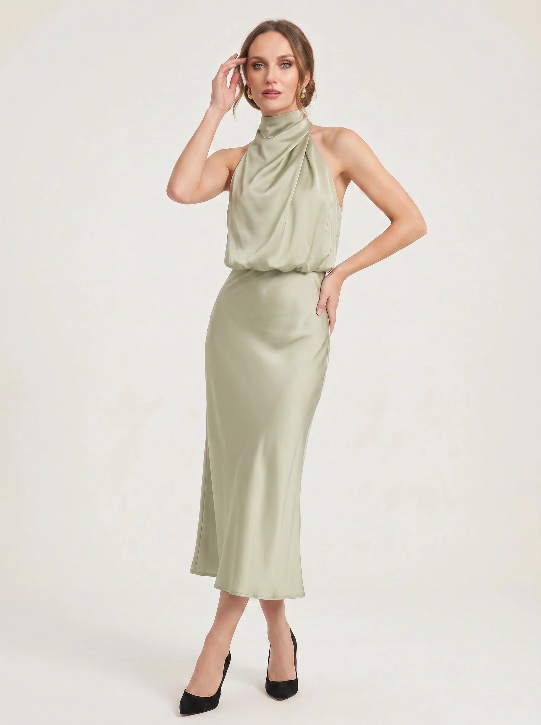 Collisse Halter Neck Midi Dress – Satin Draped Women Formal Cocktail Wedding Guest Summer Evening Midi Dress
