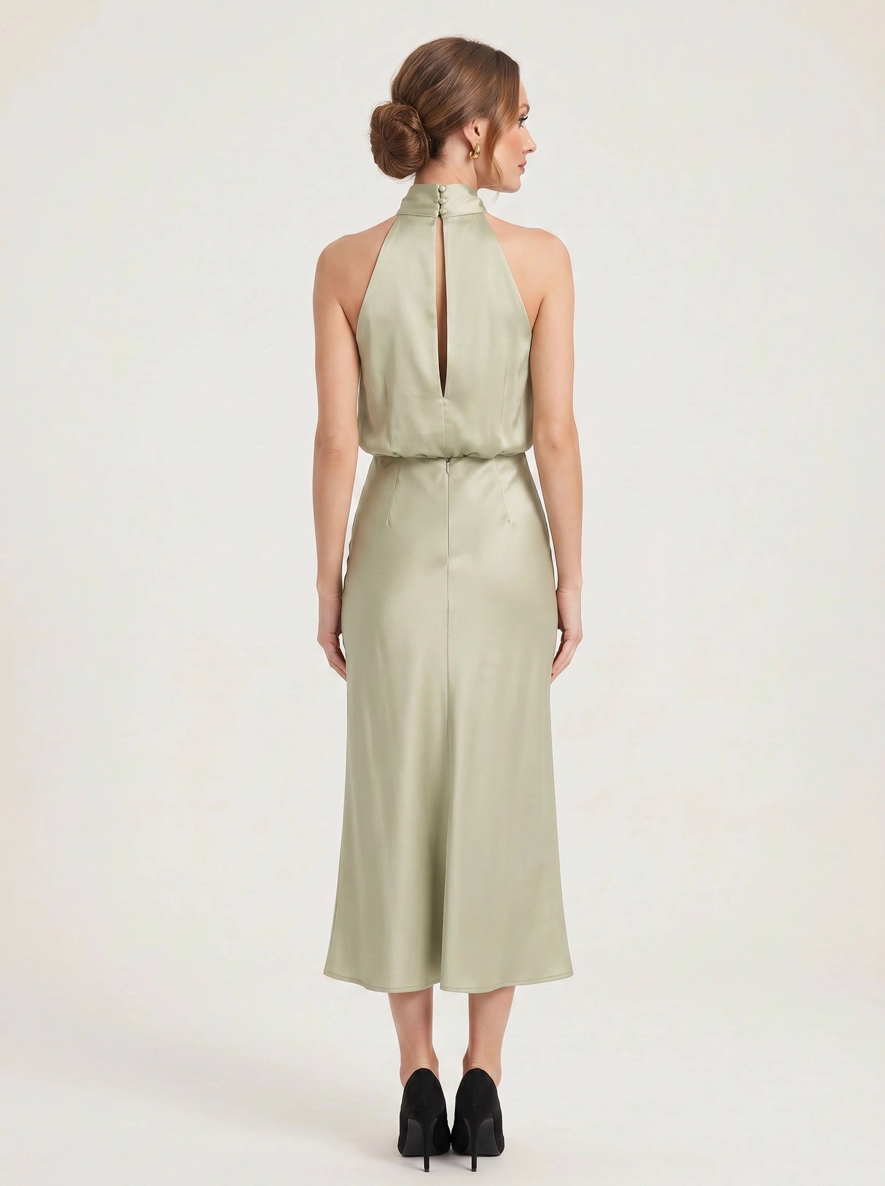Collisse Halter Neck Midi Dress – Satin Draped Women Formal Cocktail Wedding Guest Summer Evening Midi Dress