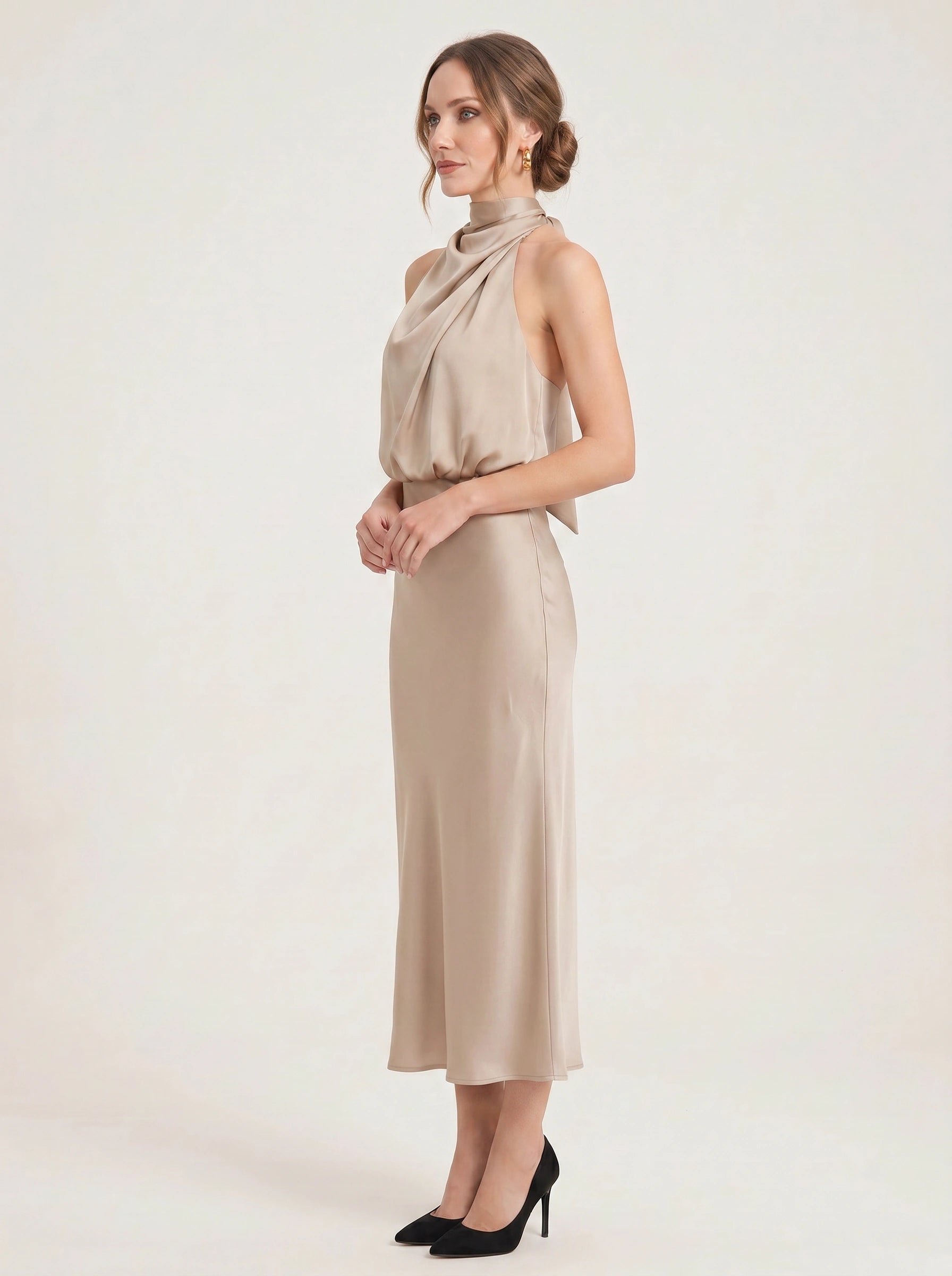 Collisse Halter Neck Midi Dress – Satin Draped Women Formal Cocktail Wedding Guest Summer Evening Midi Dress