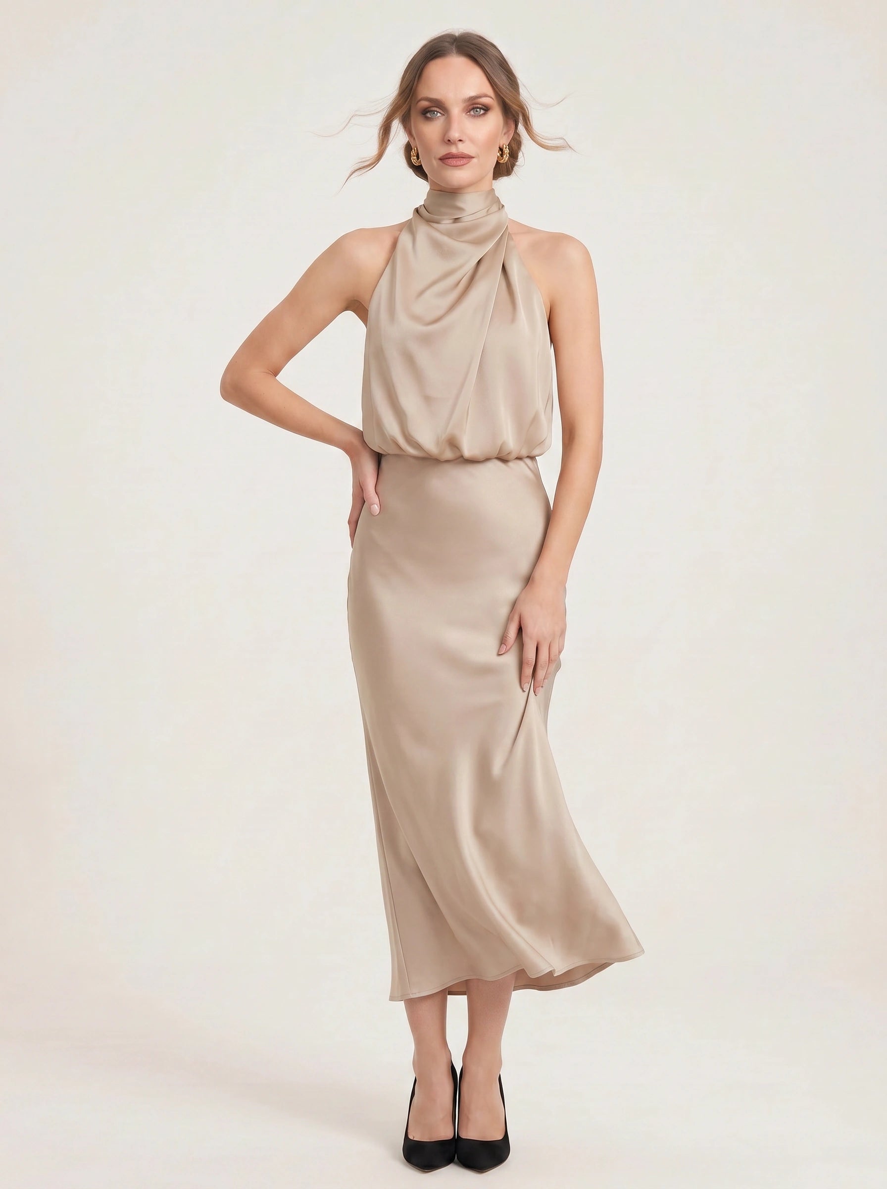 Collisse Halter Neck Midi Dress – Satin Draped Women Formal Cocktail Wedding Guest Summer Evening Midi Dress