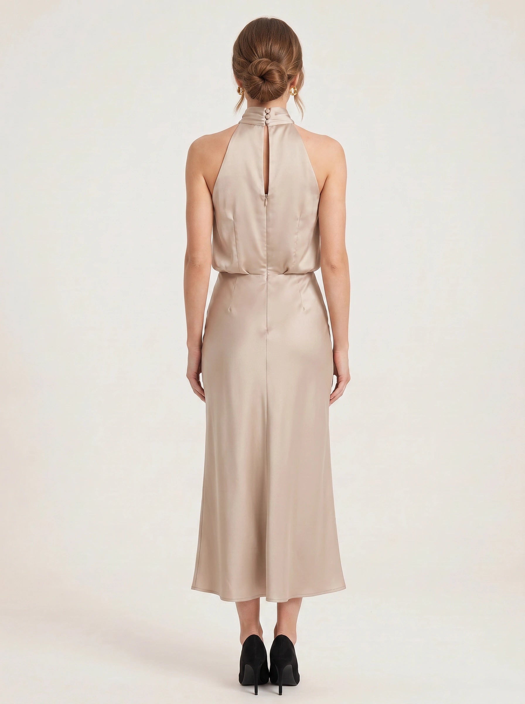 Collisse Halter Neck Midi Dress – Satin Draped Women Formal Cocktail Wedding Guest Summer Evening Midi Dress
